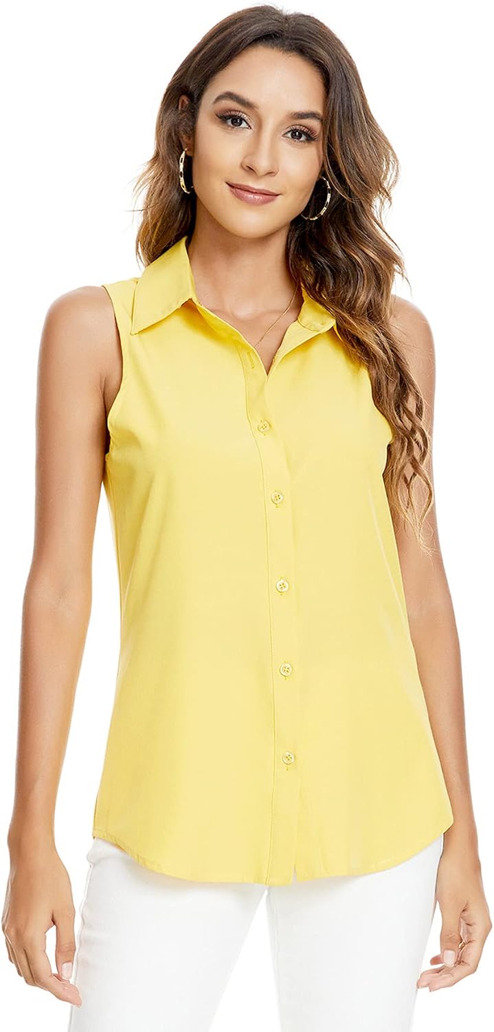 Women's Sleeveless Button Down Shirt Collared Yellow Women's Sleeveless Button Down Shirt Collared Yellow