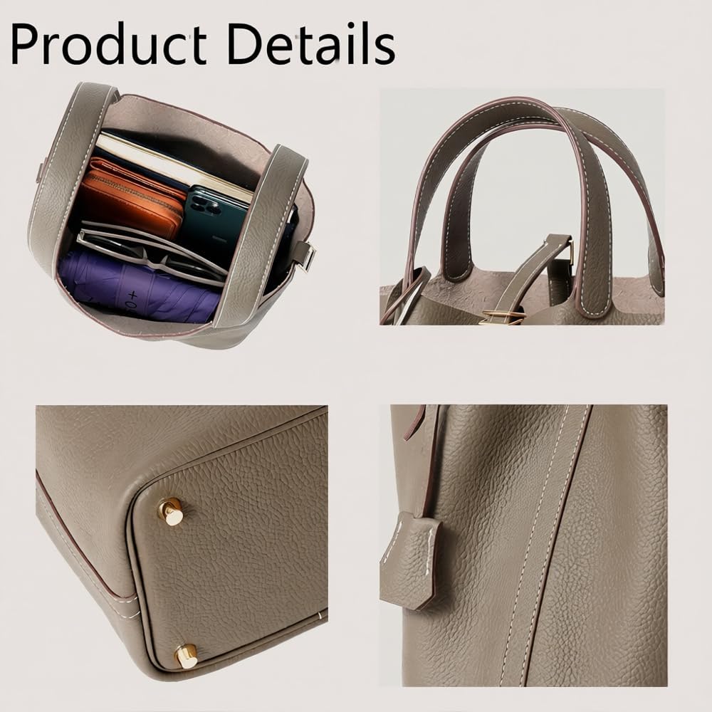 Women's Genuine Leather Bucket Tote Handbag With Lock Beige