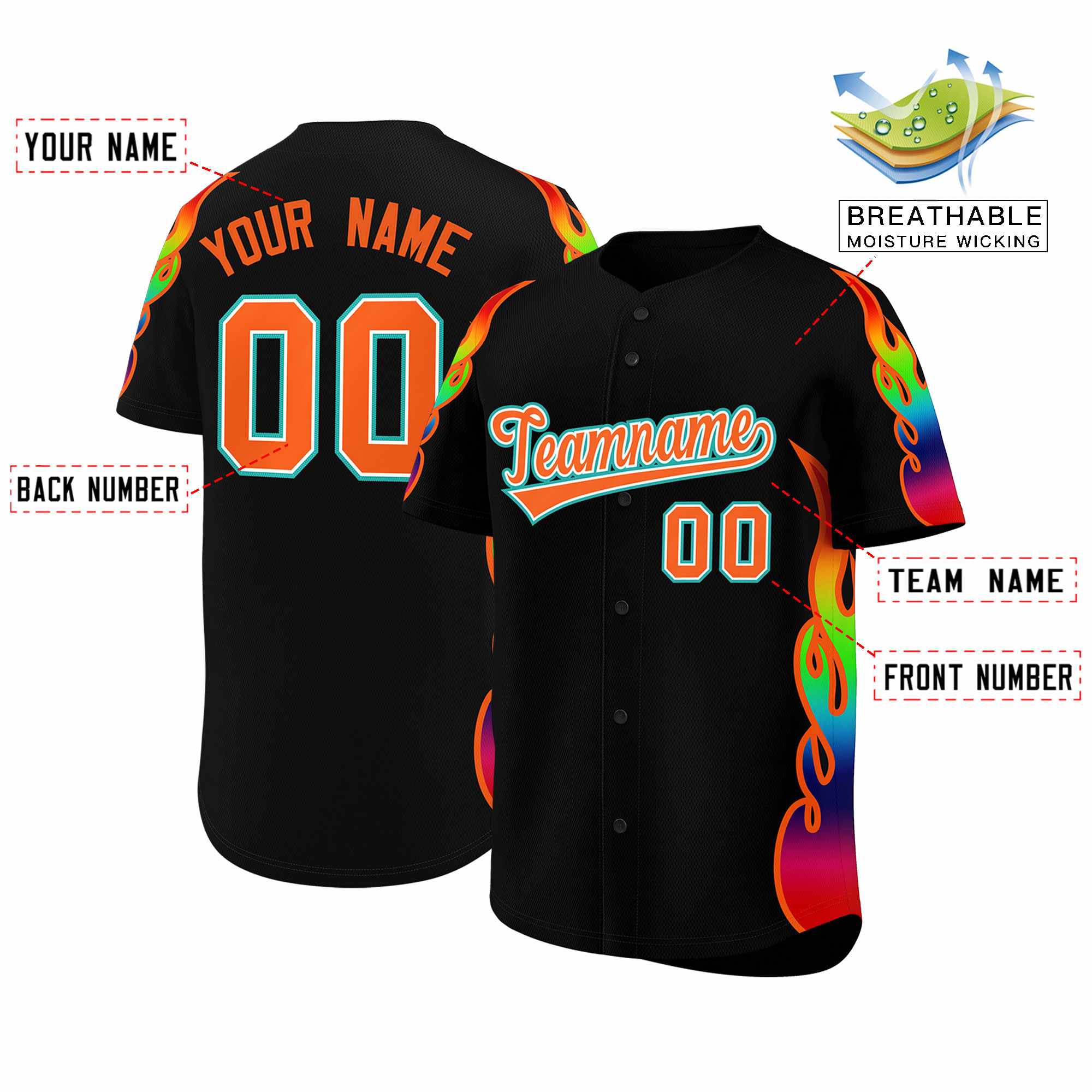 Benutzerdefiniertes Graffiti-Muster, personalisierter mehrfarbiger Flammendruck, authentisches Baseball-Trikot