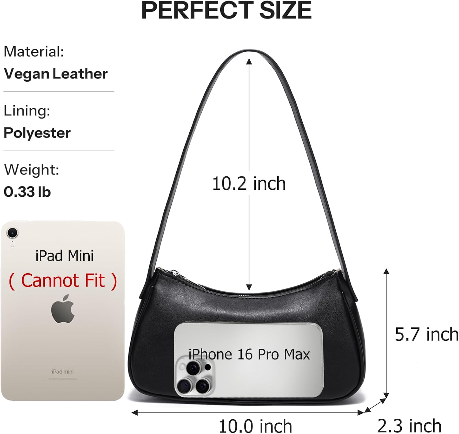 Women's Black Vegan Leather Crescent Shoulder Bag