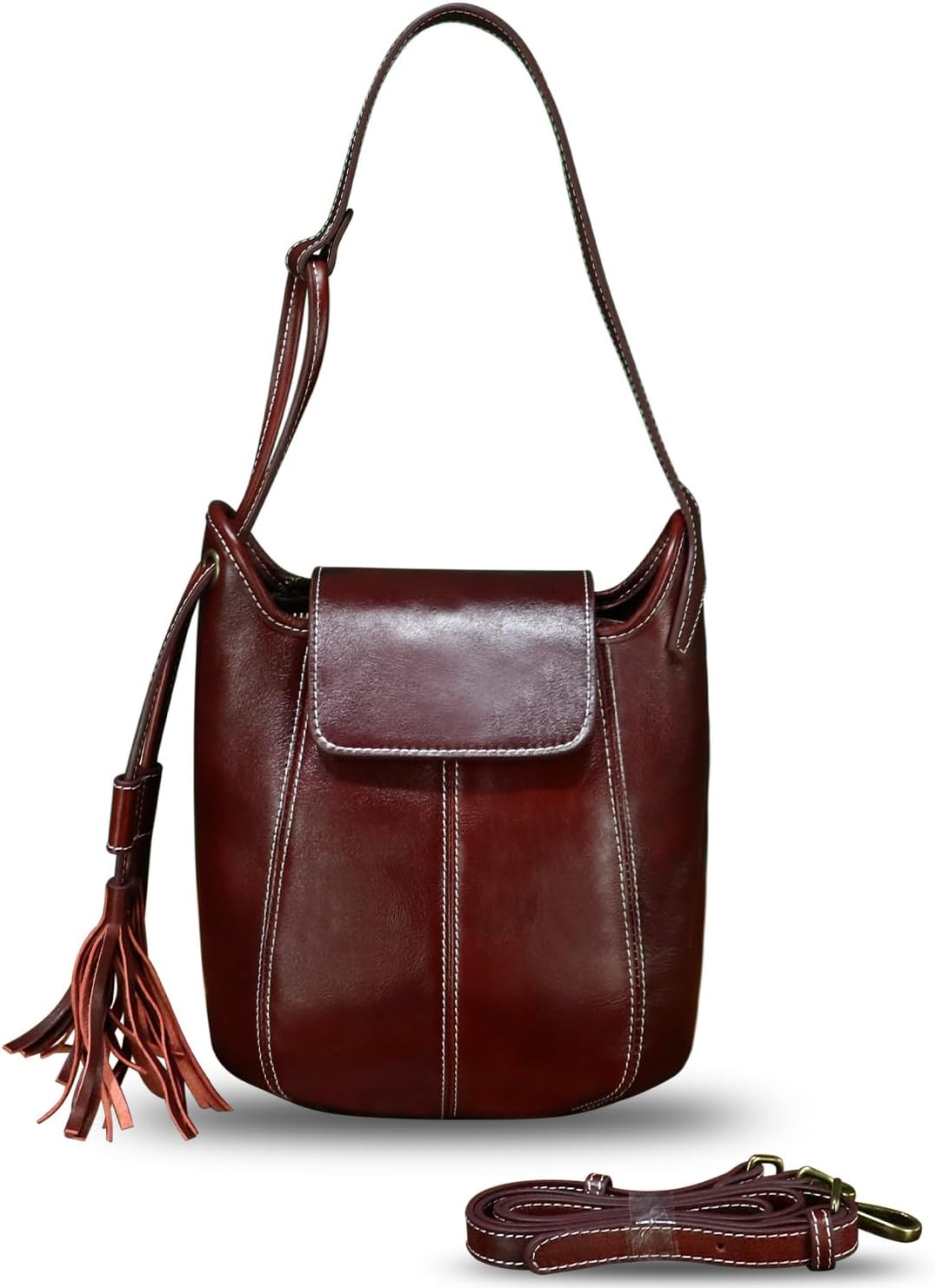 Women's Genuine Leather Hobo Bag with Tassel Burgundy