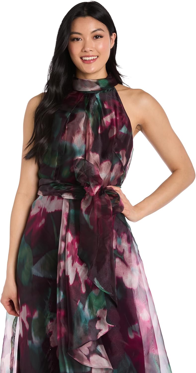Women's Floral High Neck Gown W\ Hi-Lo Skirt Waist Sash - Spring Wedding Guest Cocktail Party Sleeveless Dress