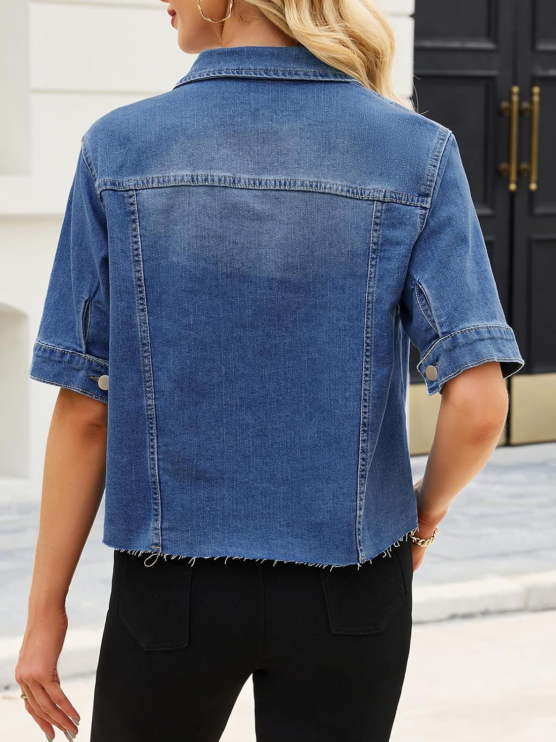 Cropped Denim Jacket for Women Short Sleeve Button Front Lightweight Frayed Hem Summer Jean