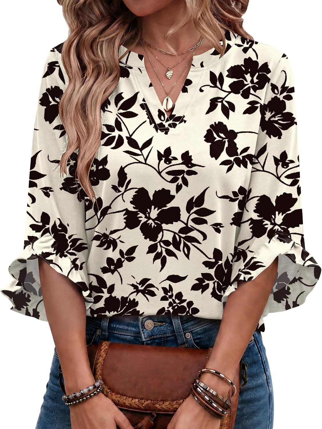 3-Quarter Length Sleeve Womens Tops Dressy V Neck Blouse Ruffle Shirts Summer Fall Clothes