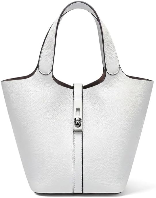 White Vegan Leather Bucket Tote Bag Silver Lock