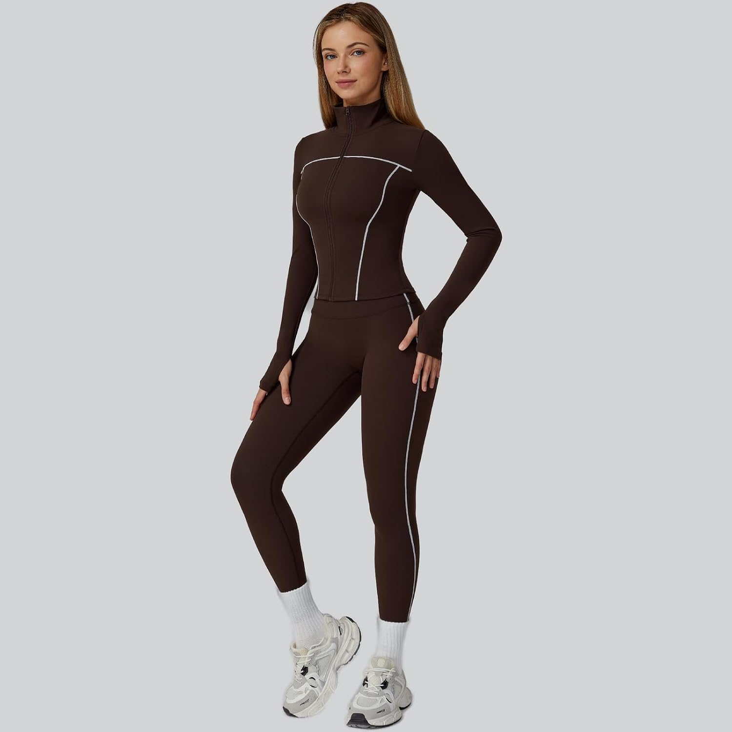 Women's 3 Piece Zip Jacket Bra Leggings Set Coffee