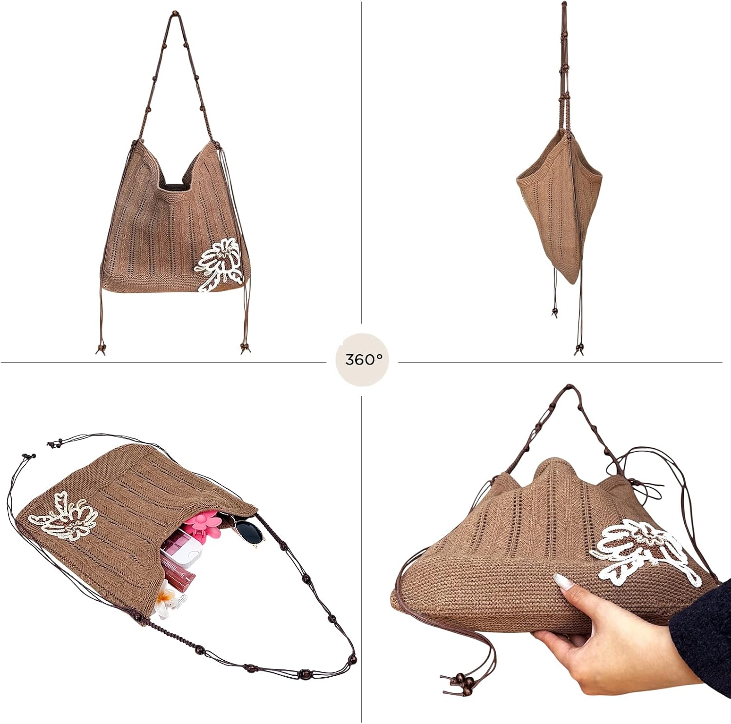 Women's Crochet Flower Beach Tote Bag Beige Women's Crochet Flower Beach Tote Bag Beige