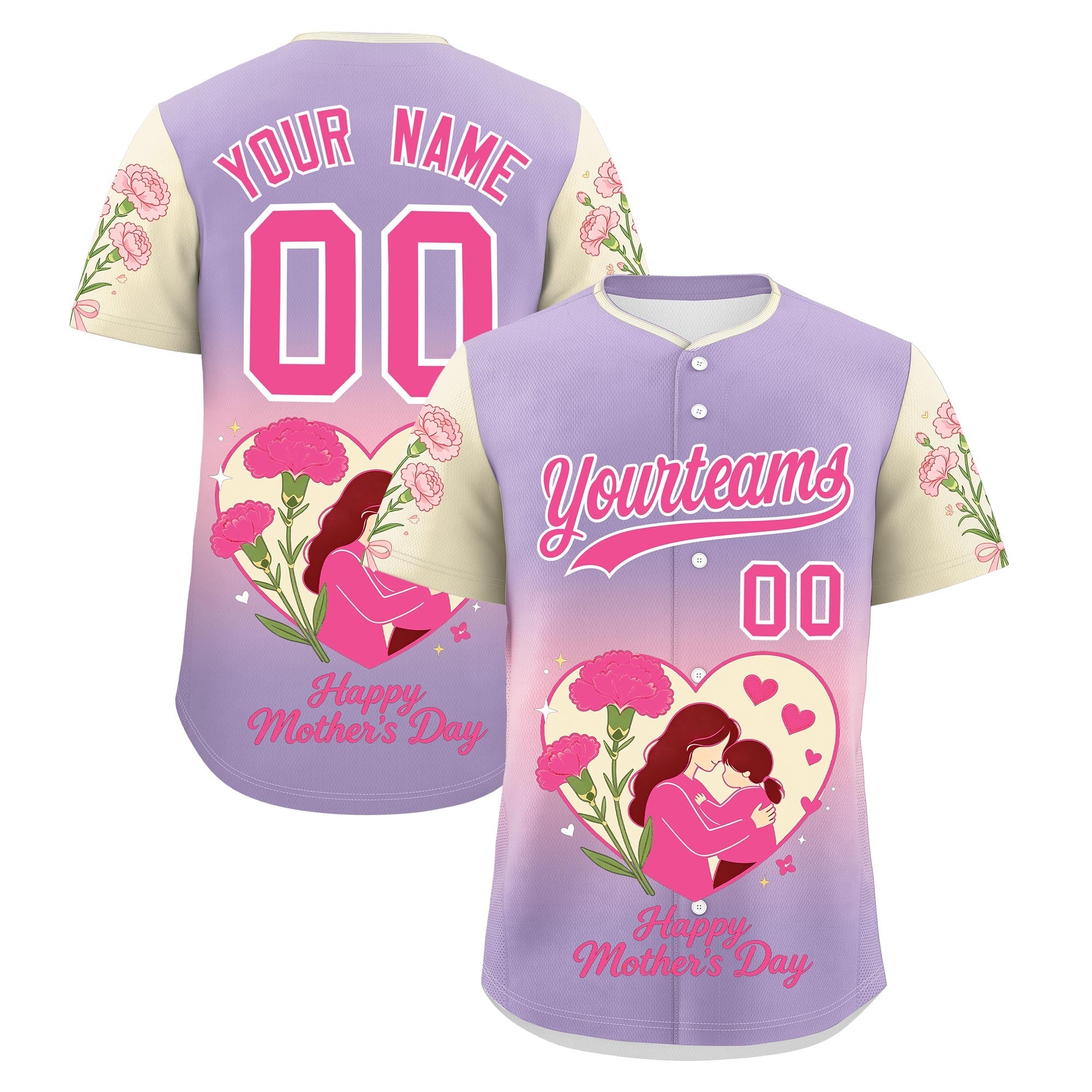 Personalisiertes, knitterfreies Baseball-Trikot im Muttertagsstil in Helllila, Hellrosa, Hellkhaki