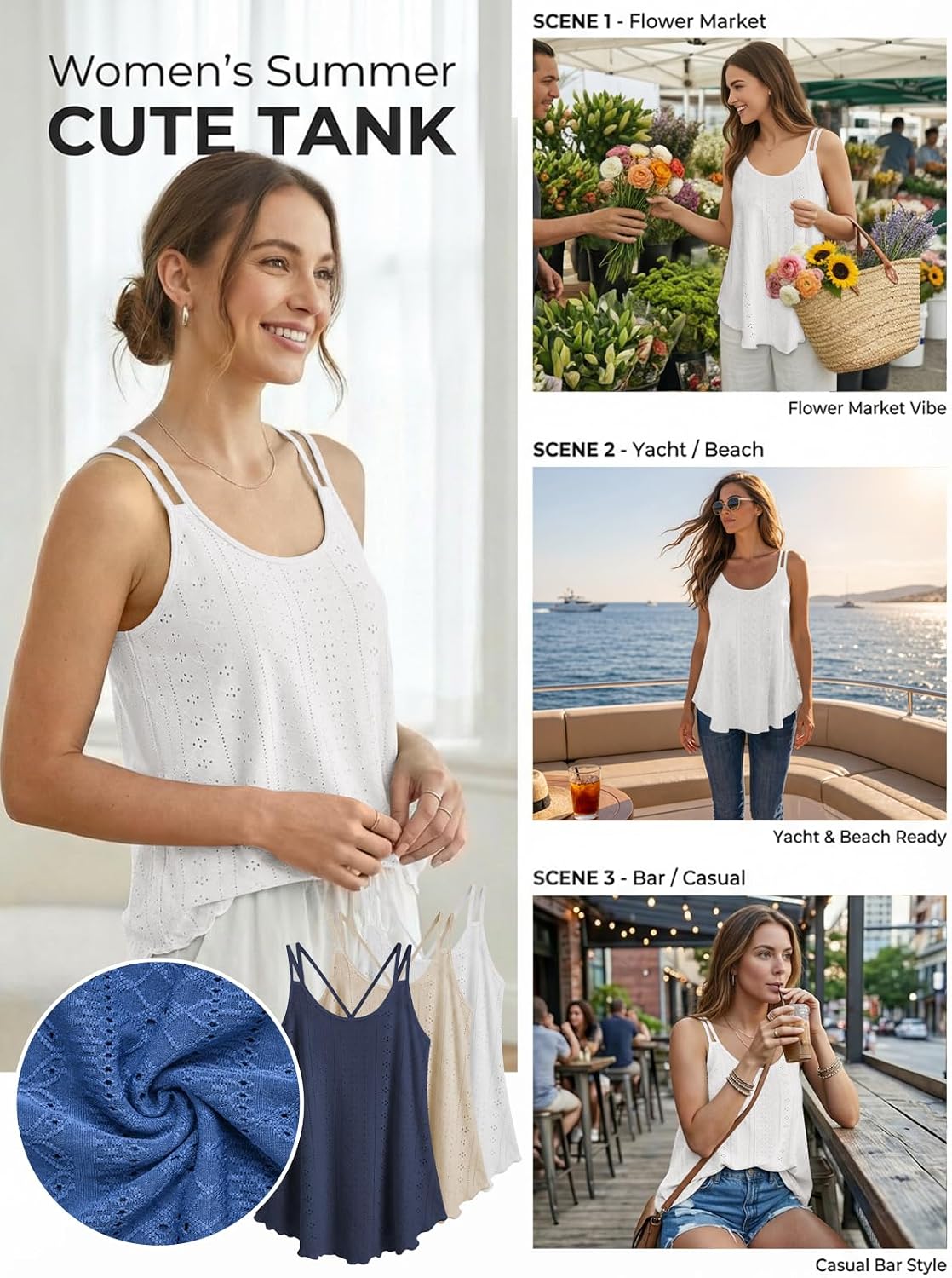 Women's Eyelet Embroidery Spaghetti Strap Cami, White