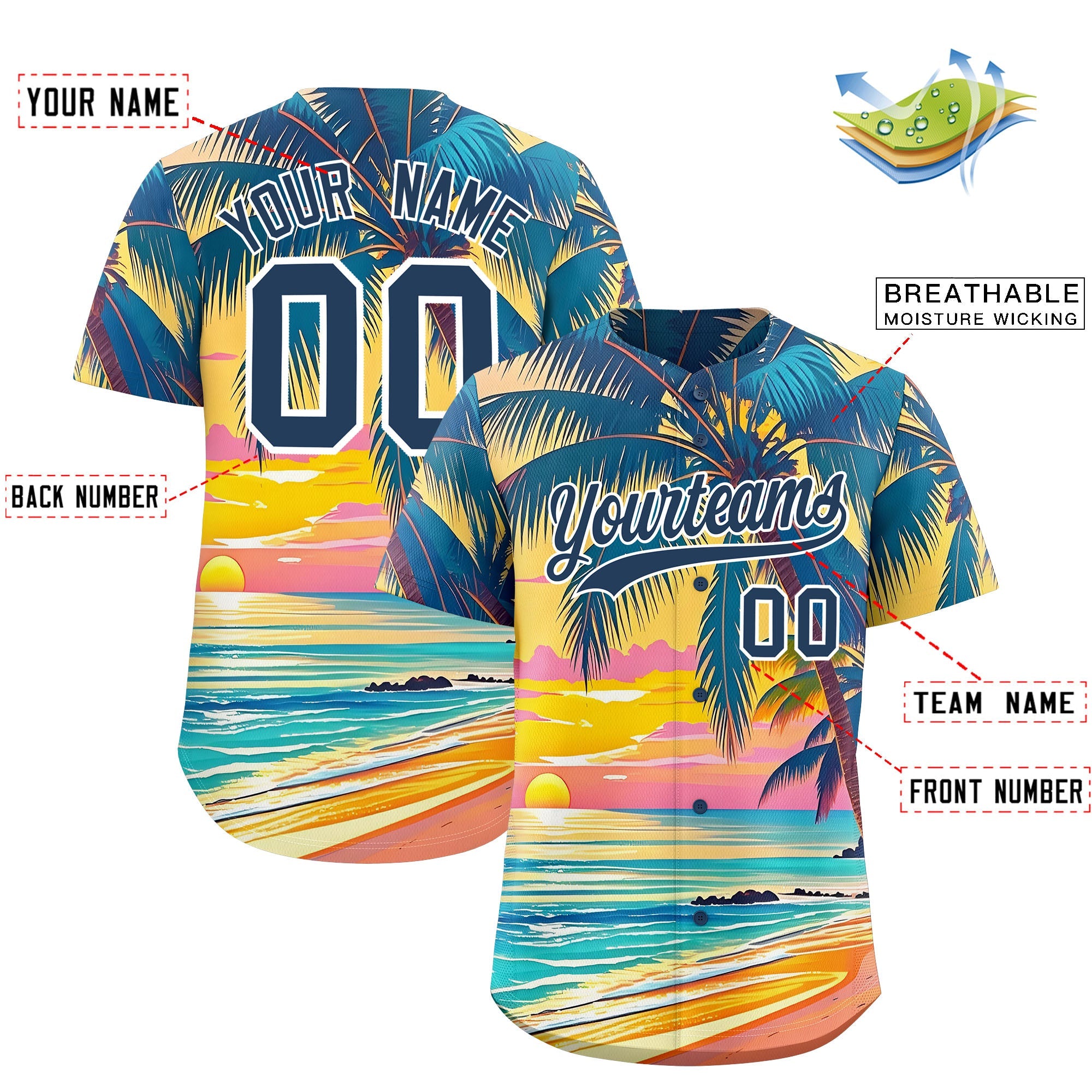 Kundenspezifisches Mitternachtsblau-weißes Palmenmuster-Graffiti-Baseball-Jersey im hawaiianischen Stil Kundenspezifisches Mitternachtsblau-weißes Palmenmuster-Graffiti-Baseball-Jersey im hawaiianischen Stil