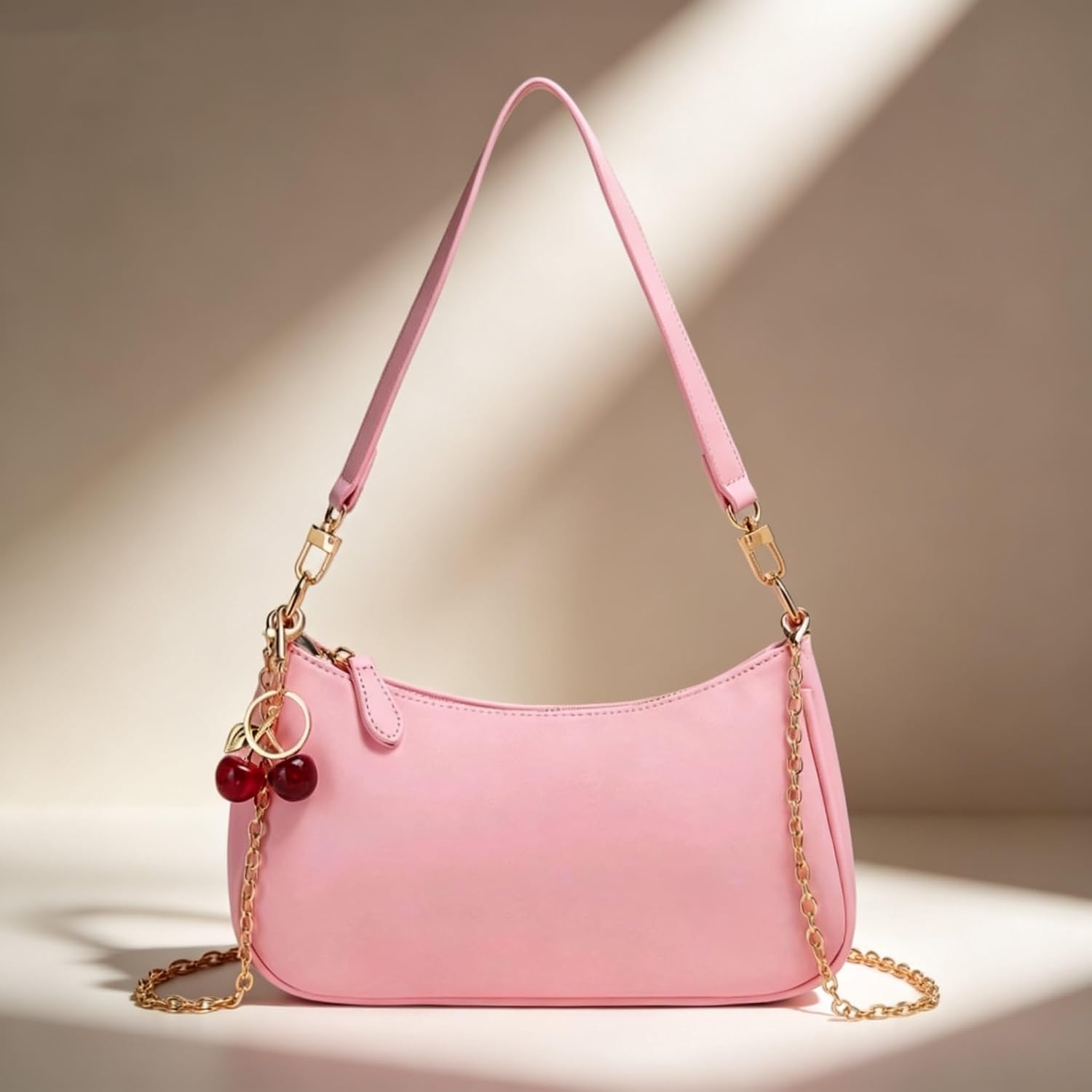 Women's PU Crescent Shoulder Bag Cherry Charm Pink