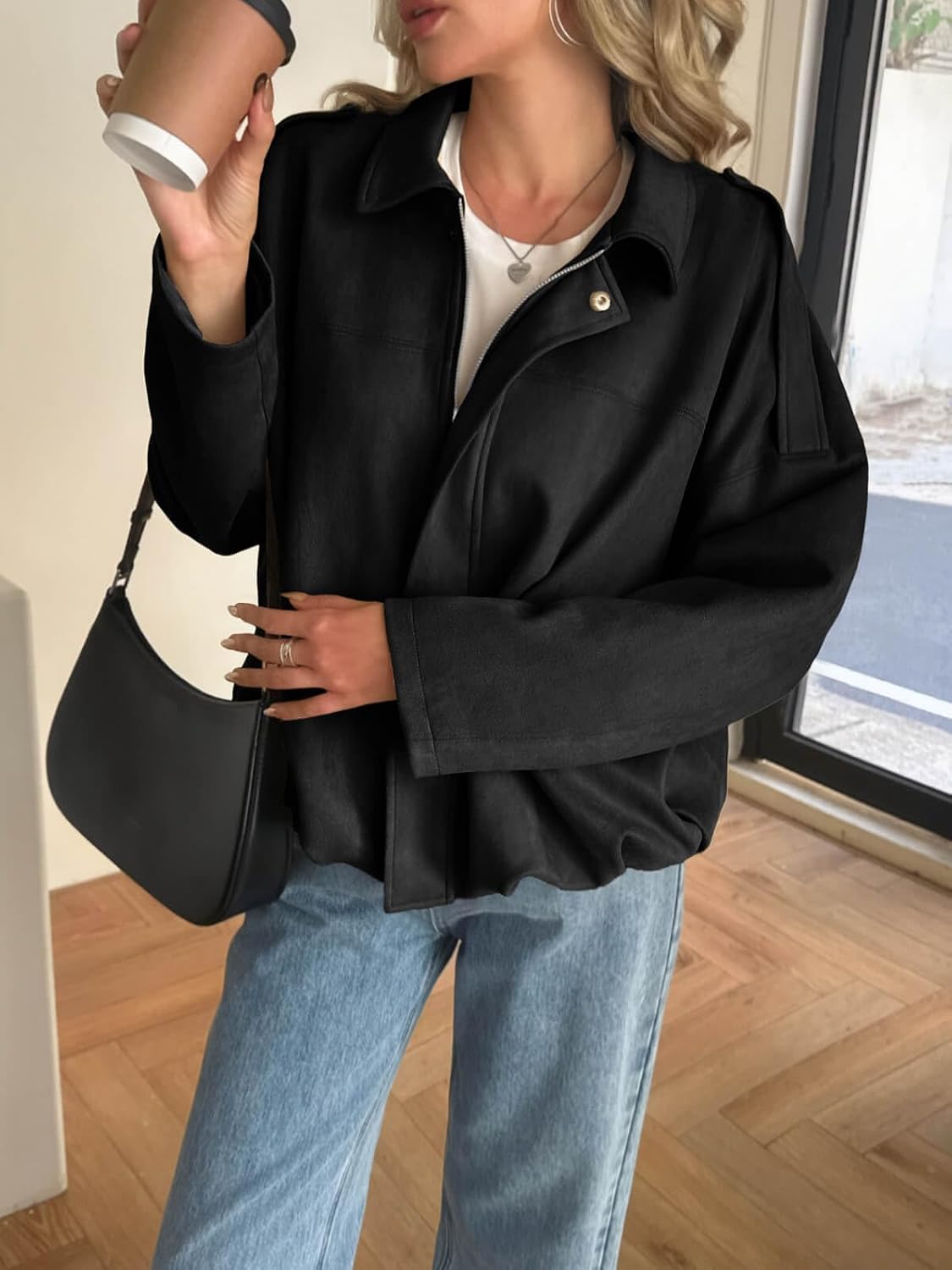 Womens Faux Suede Bomber Jackets Oversized Cropped Zip Up Lapel Coats Fall Casual Outerwears