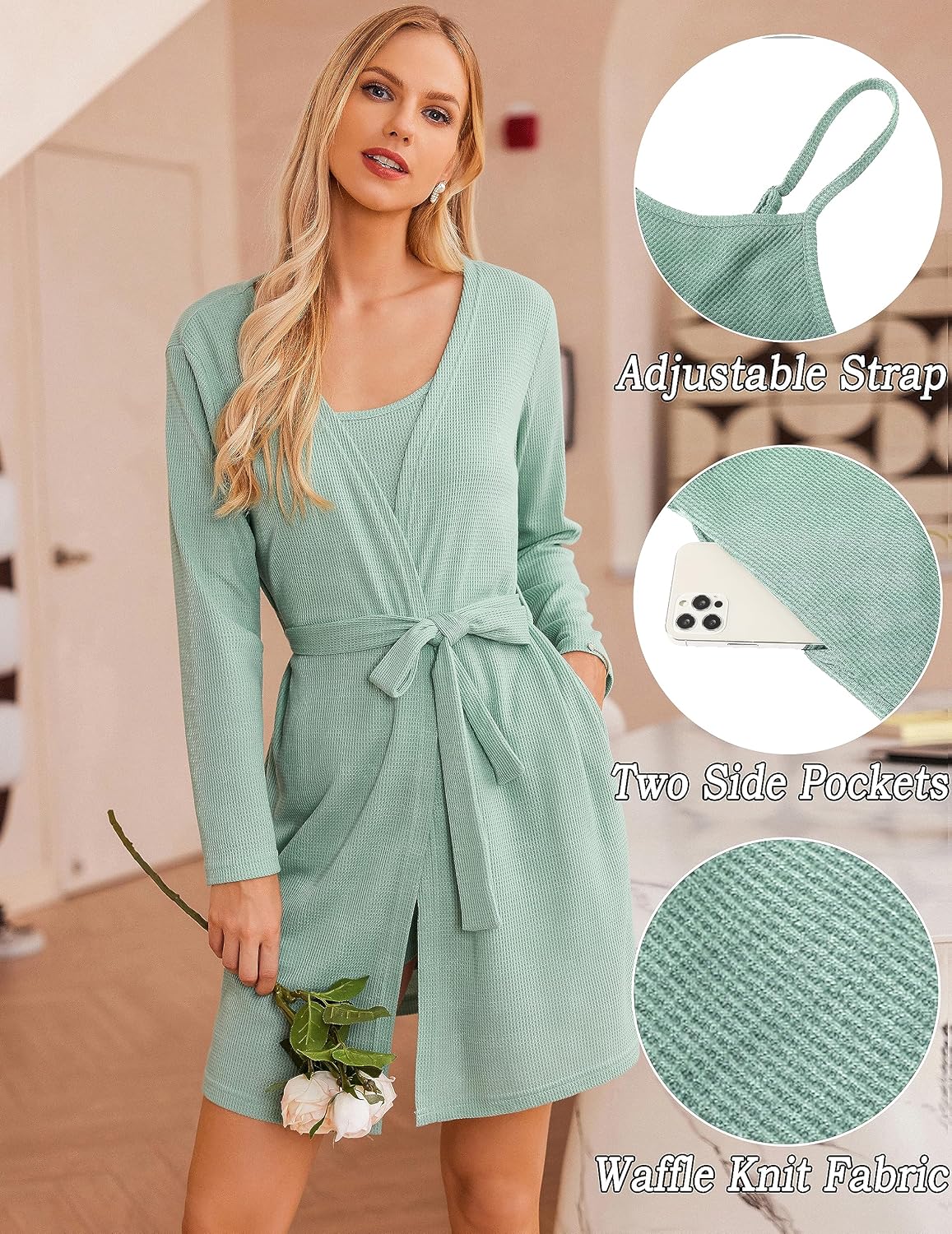 Women's Waffle Knit 3 Piece Lounge Set with Cardigan