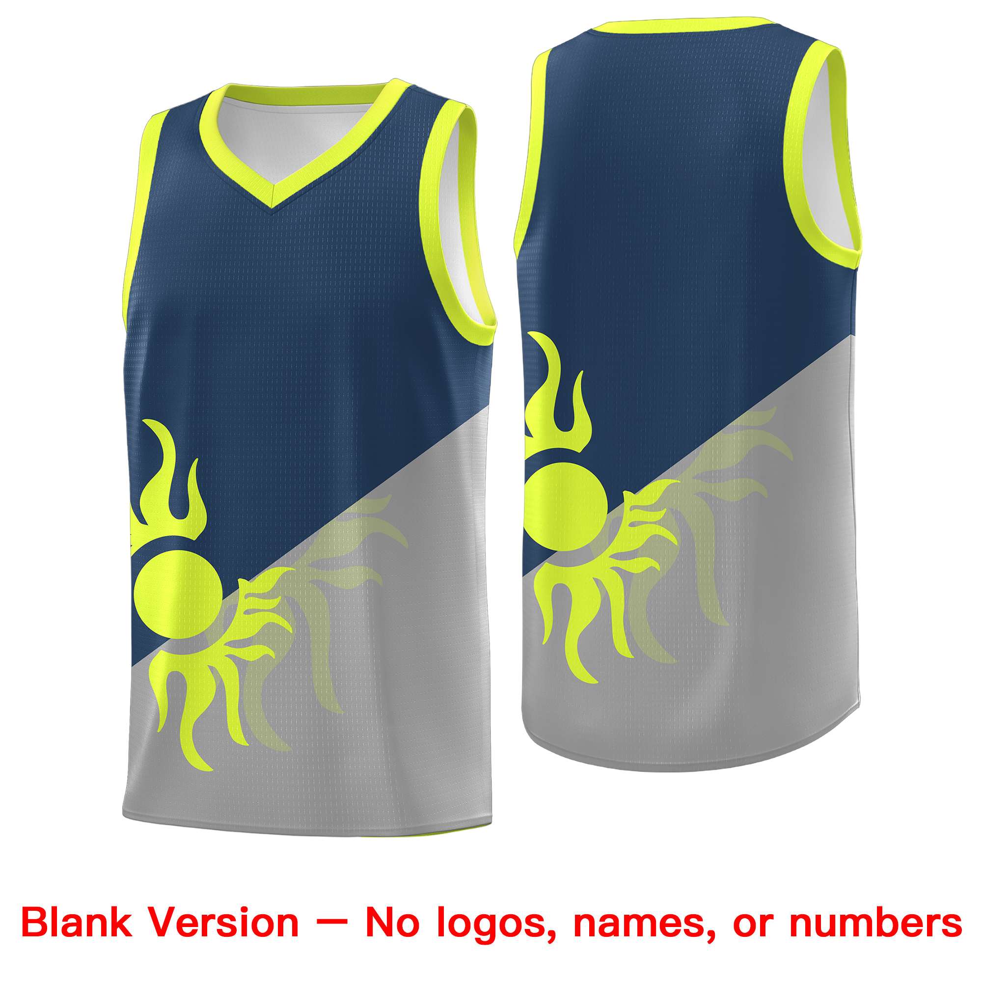 Maßgeschneidertes zweifarbiges, schnell trocknendes Uniform-Basketballtrikot mit strahlendem Sonnendesign in Grau und Mitternachtsblau