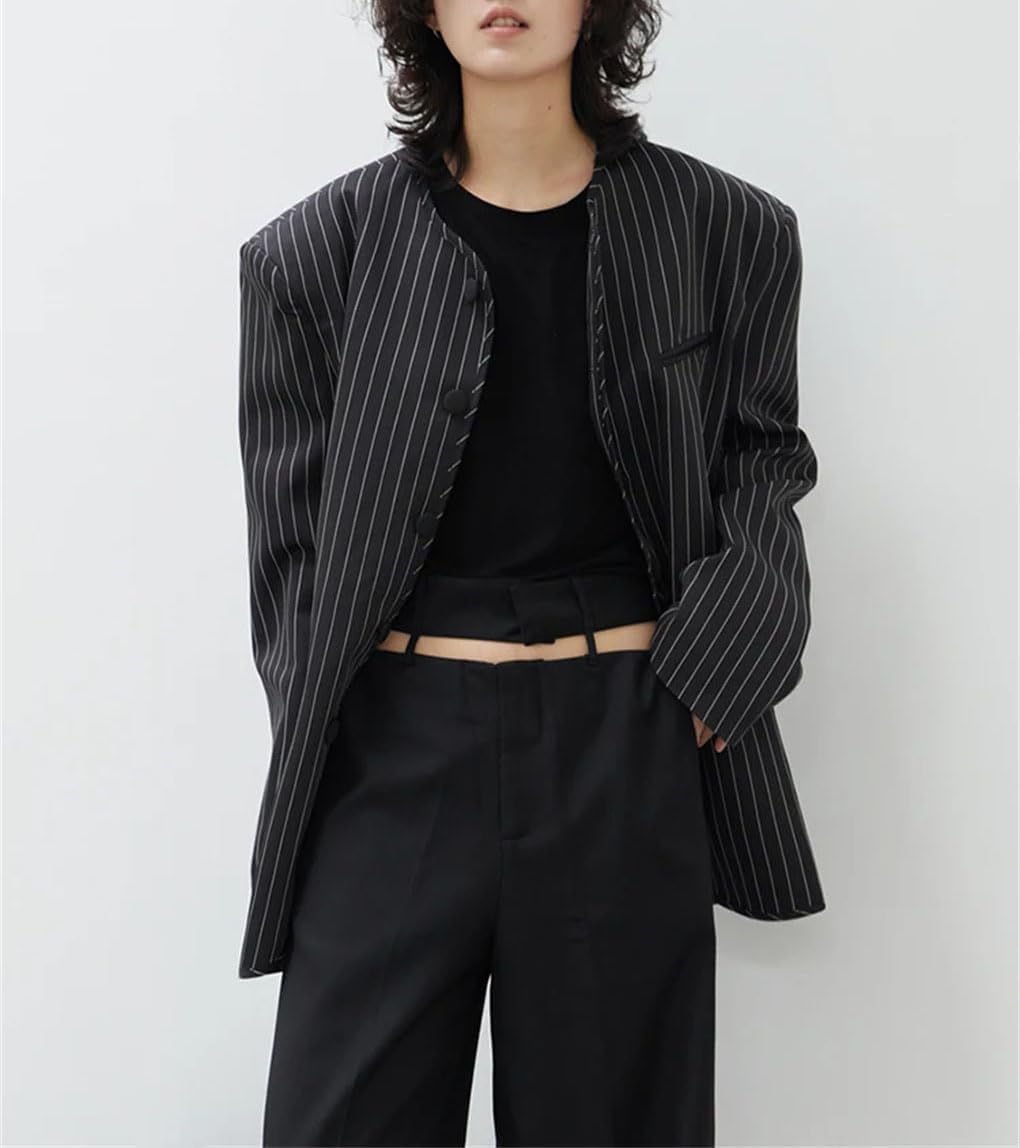 Solid Color Casual Round Neck Single Breasted Striped Business Women's Blazer