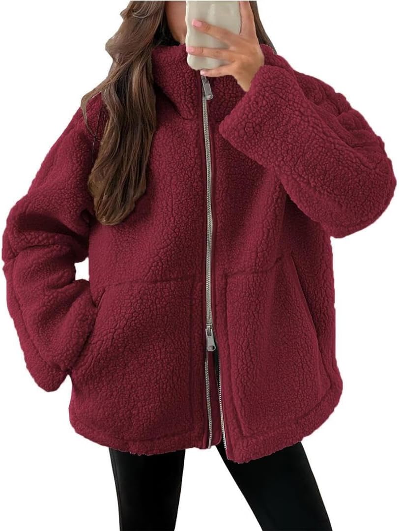 Womens Sherpa Jacket Fuzzy Zip Up Oversized Fleece Jackets Fluffy Coat with Pockets