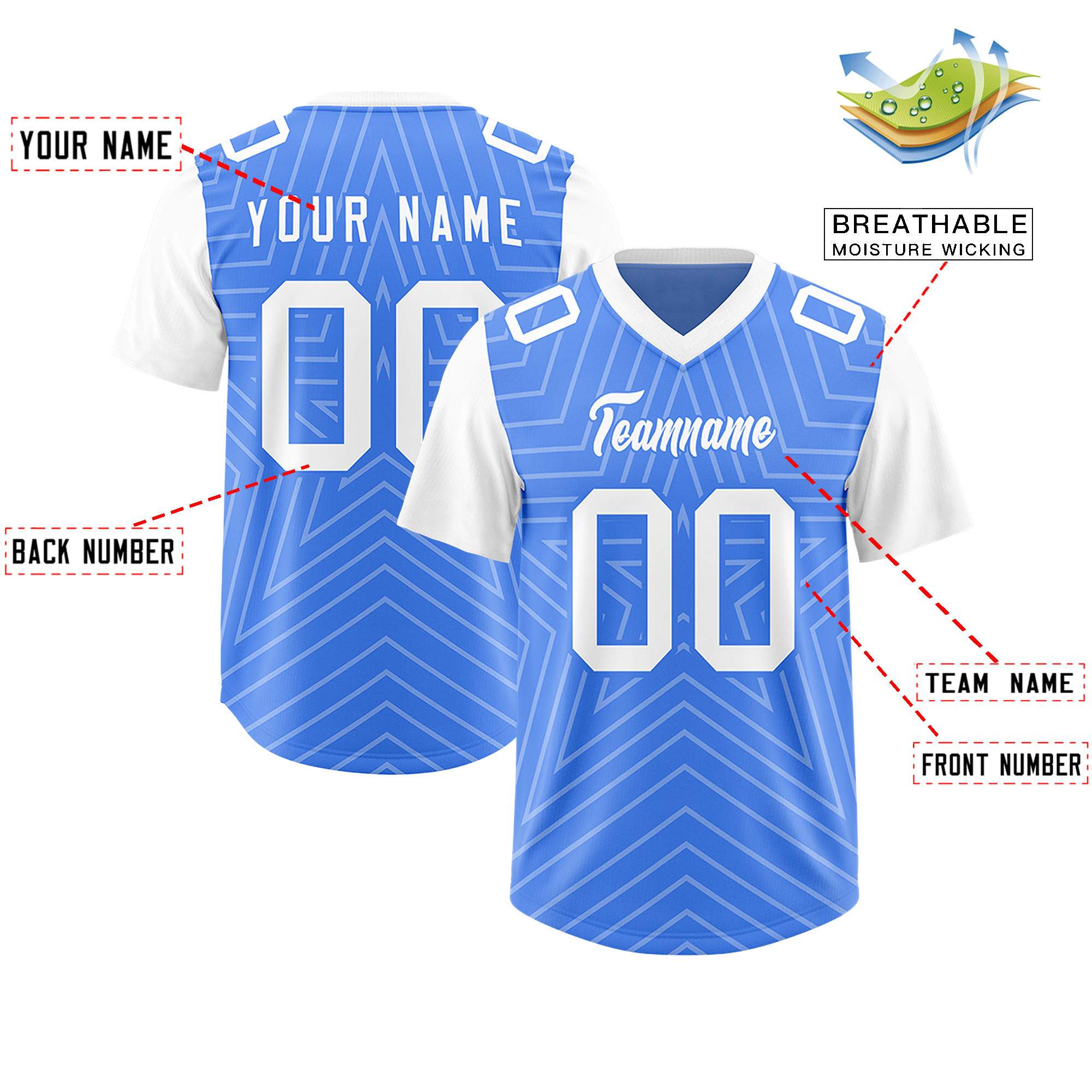 Individuell personalisiertes, authentisches Fußballtrikot mit Raglanärmeln und Sternenmuster