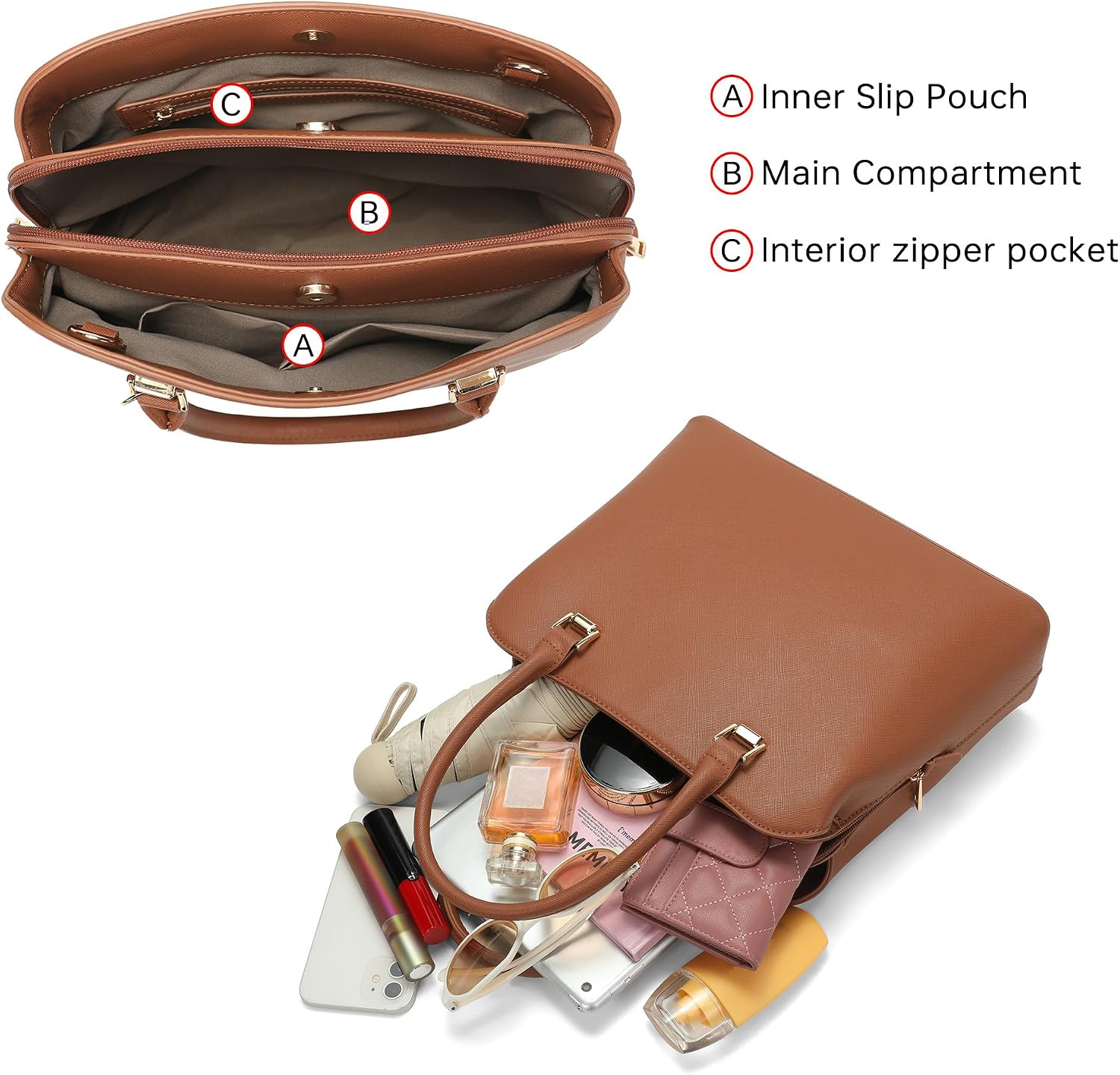 Women's Structured Vegan Leather Top-Handle Satchel, Brown Women's Structured Vegan Leather Top-Handle Satchel, Brown