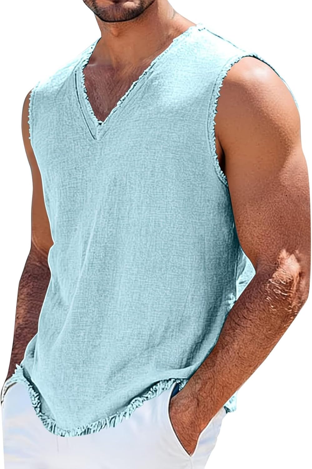 Men's Raw Edge V Neck Tank Top Light Blue