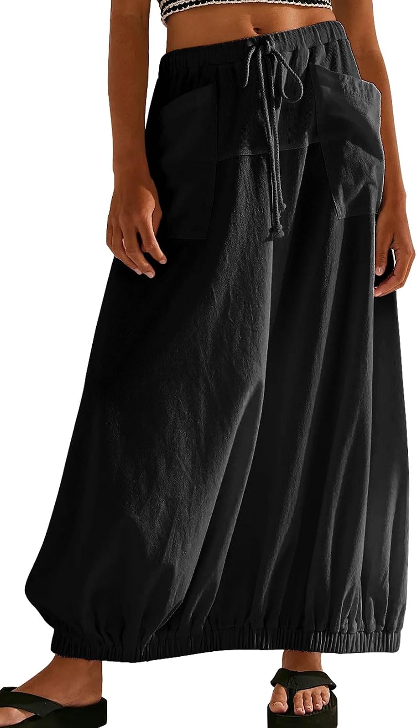 Women's Parachute Cargo Maxi Skirt Drawstring Black
