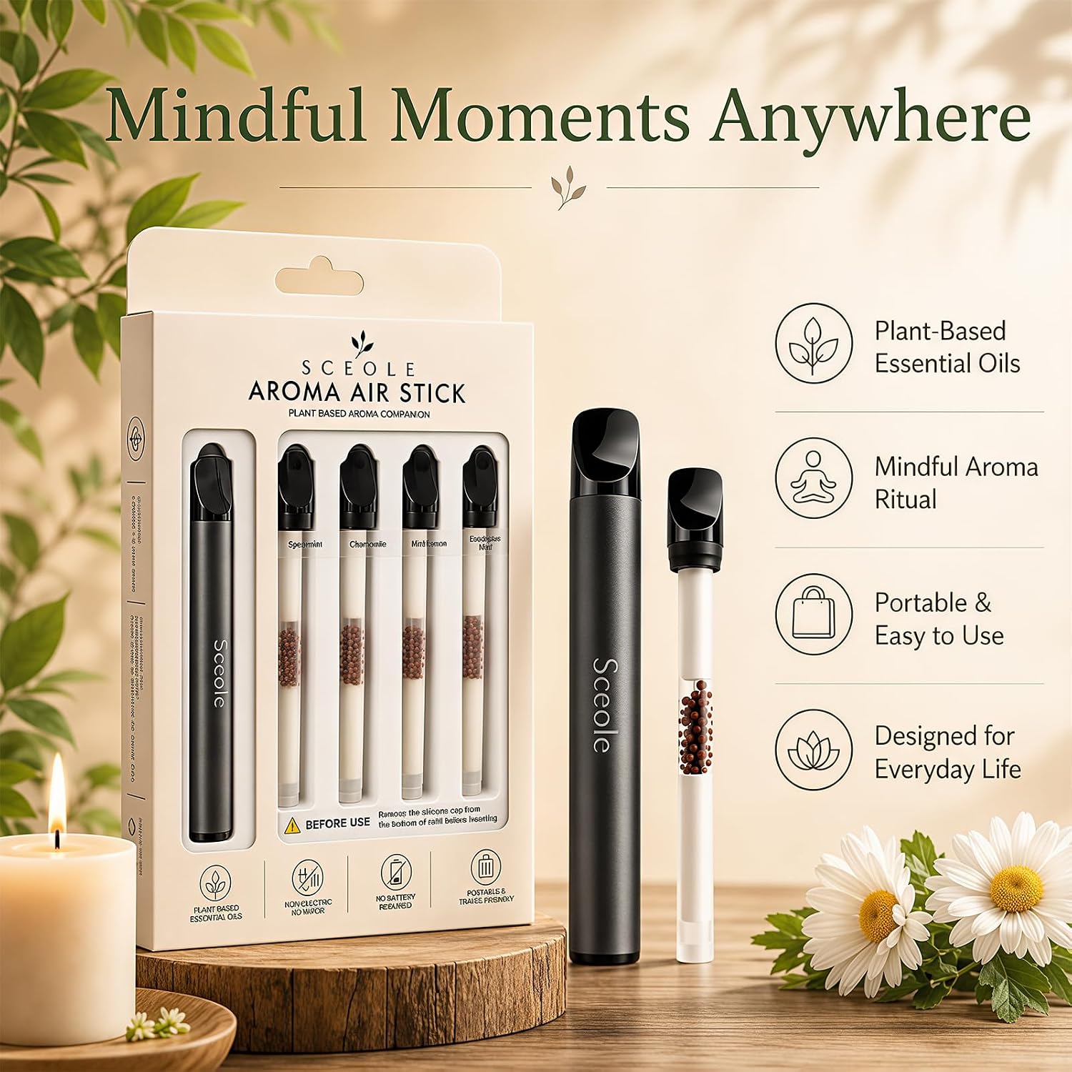 Natural Botanical Aroma Stick with 5 Plant-Based Refill Cores