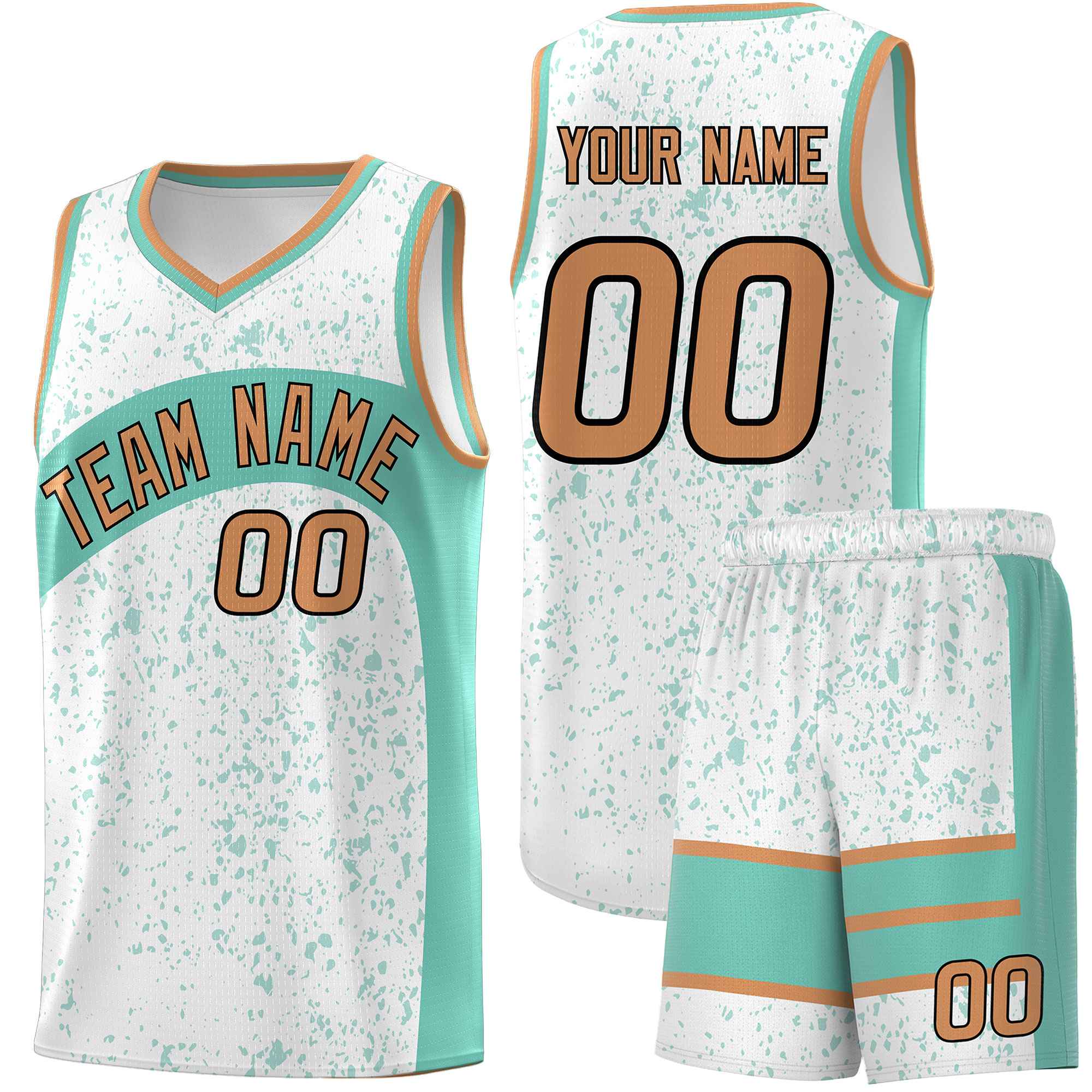 Benutzerdefiniertes weißes leuchtend grünes Punkt-Graffiti-Muster unregelmäßige Teamnamen Sportuniform-Basketballtrikot