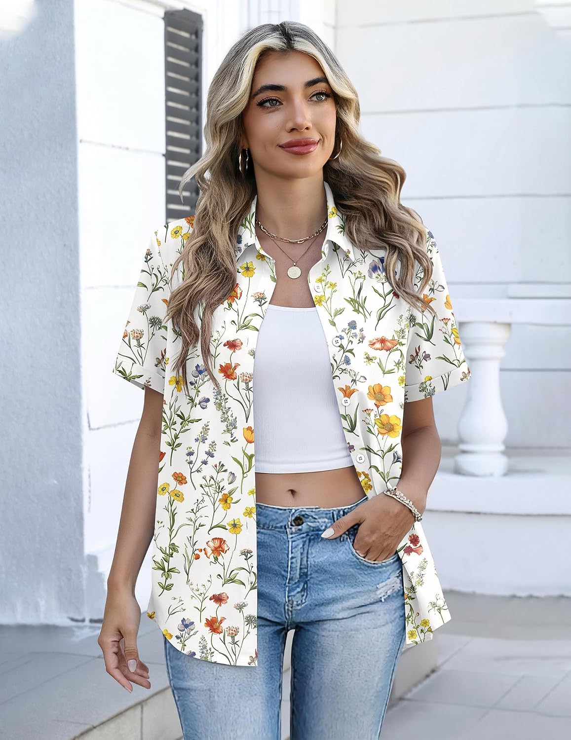 Button Down Shirts for Women Short Sleeve Collared Tops Dressy V Neck Blouses