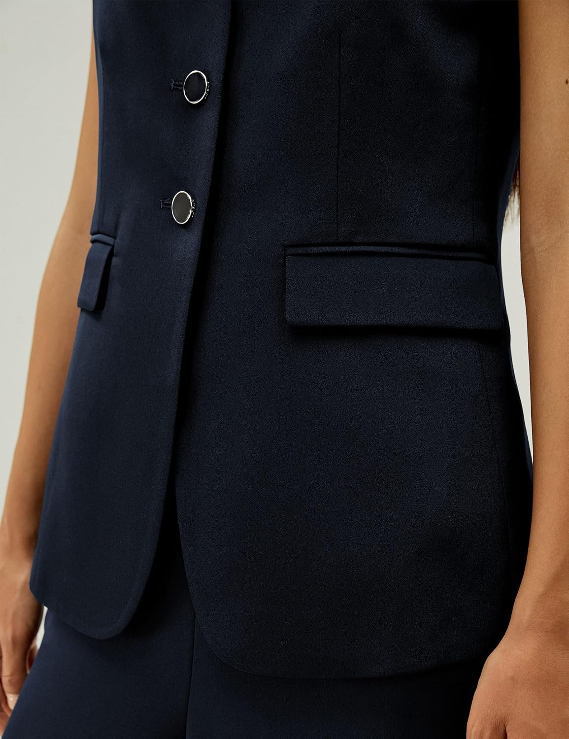 Women's Silk Button Front Blazer Vest Navy Sleeveless Waistcoat