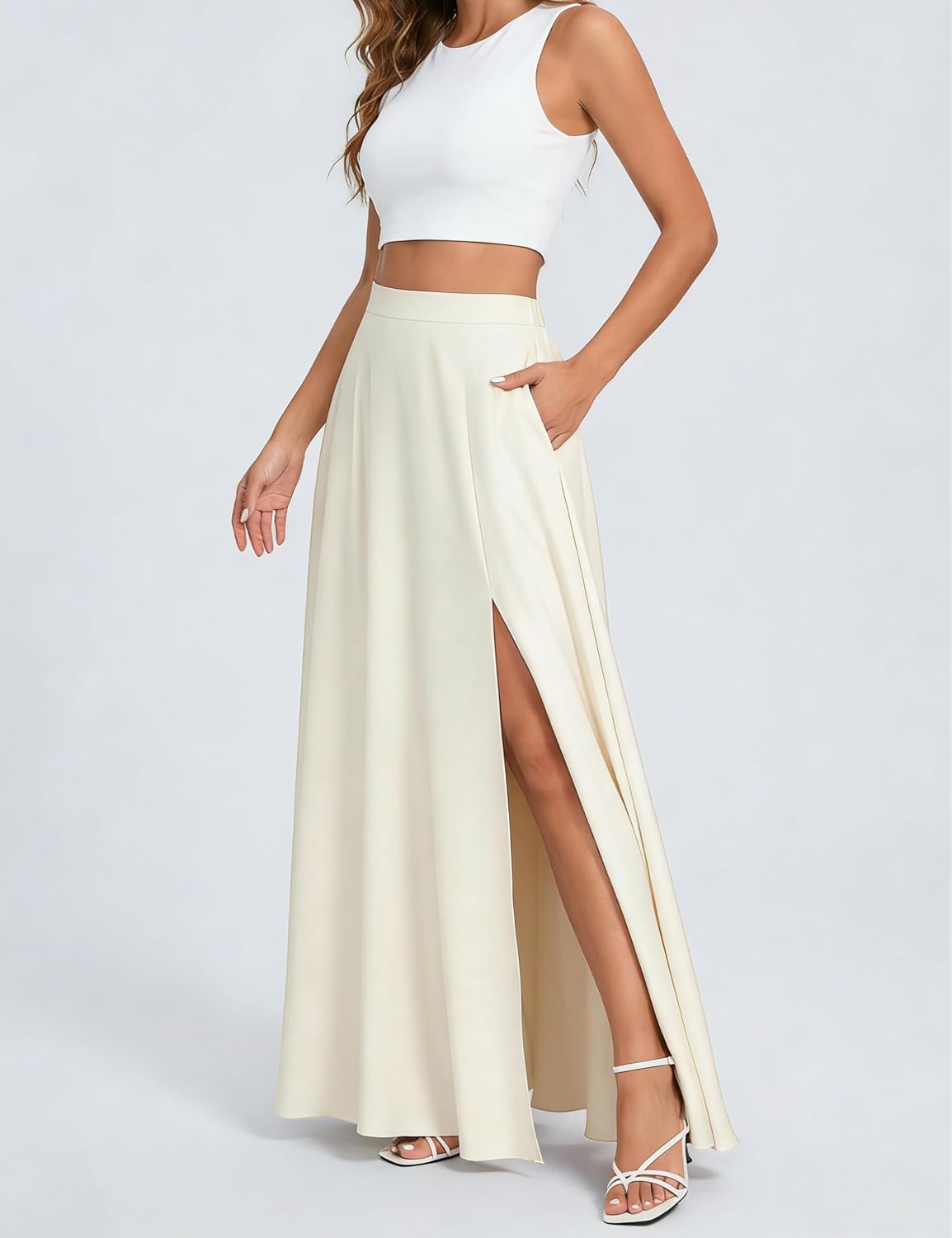 Women's Satin Maxi Skirt Side Slit Pockets Ivory Women's Satin Maxi Skirt Side Slit Pockets Ivory