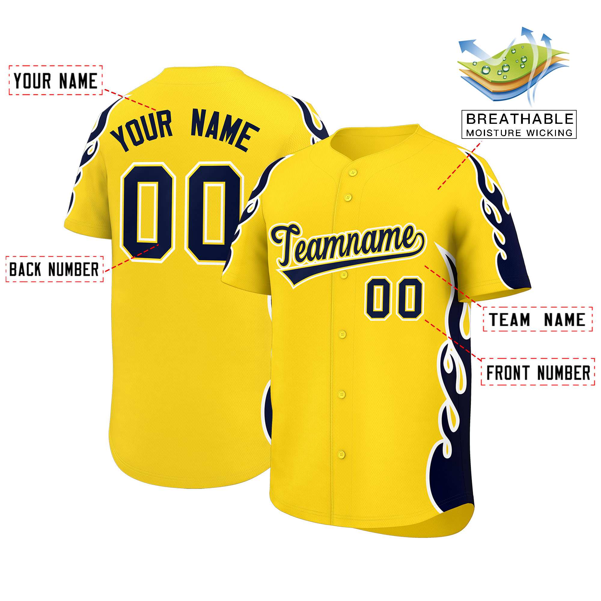 Benutzerdefiniertes Baseball-Trikot mit Seitenflammen-Umrissmuster für Sportuniformen
