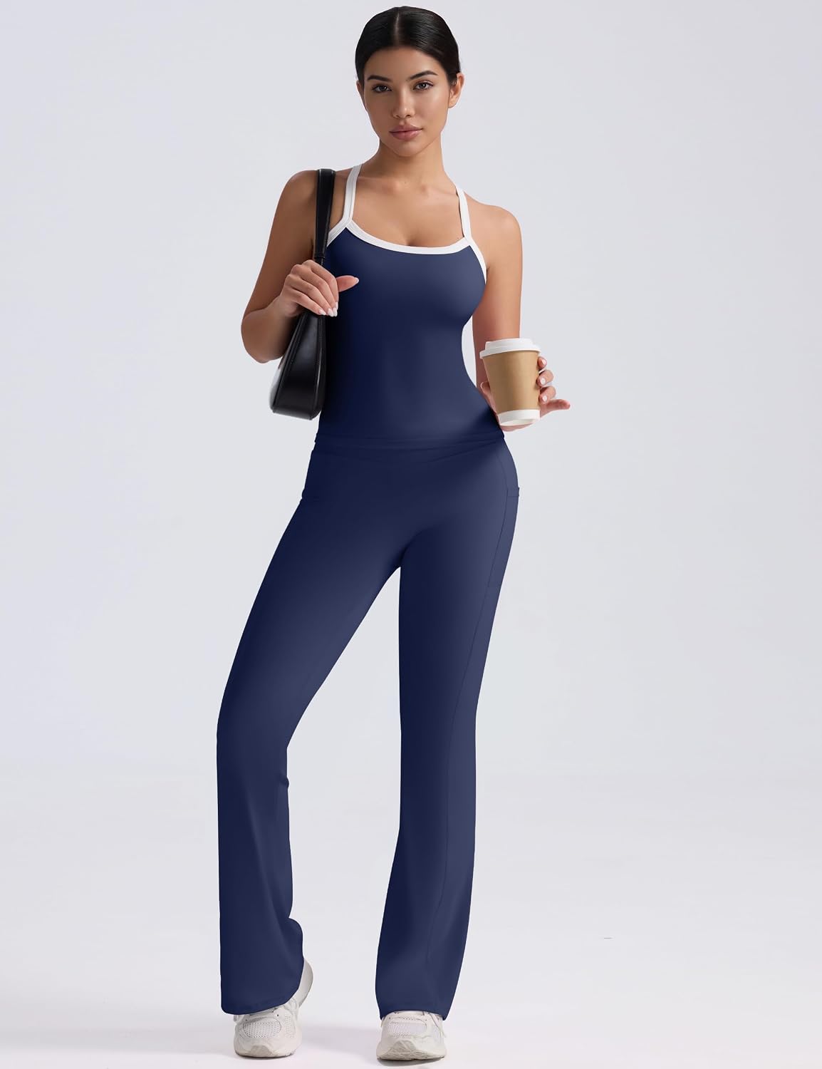 Women 2 Piece Workout Sets High Waisted Flare Leggings with Pockets Matching Cross Back Tank Top Contrast Trim