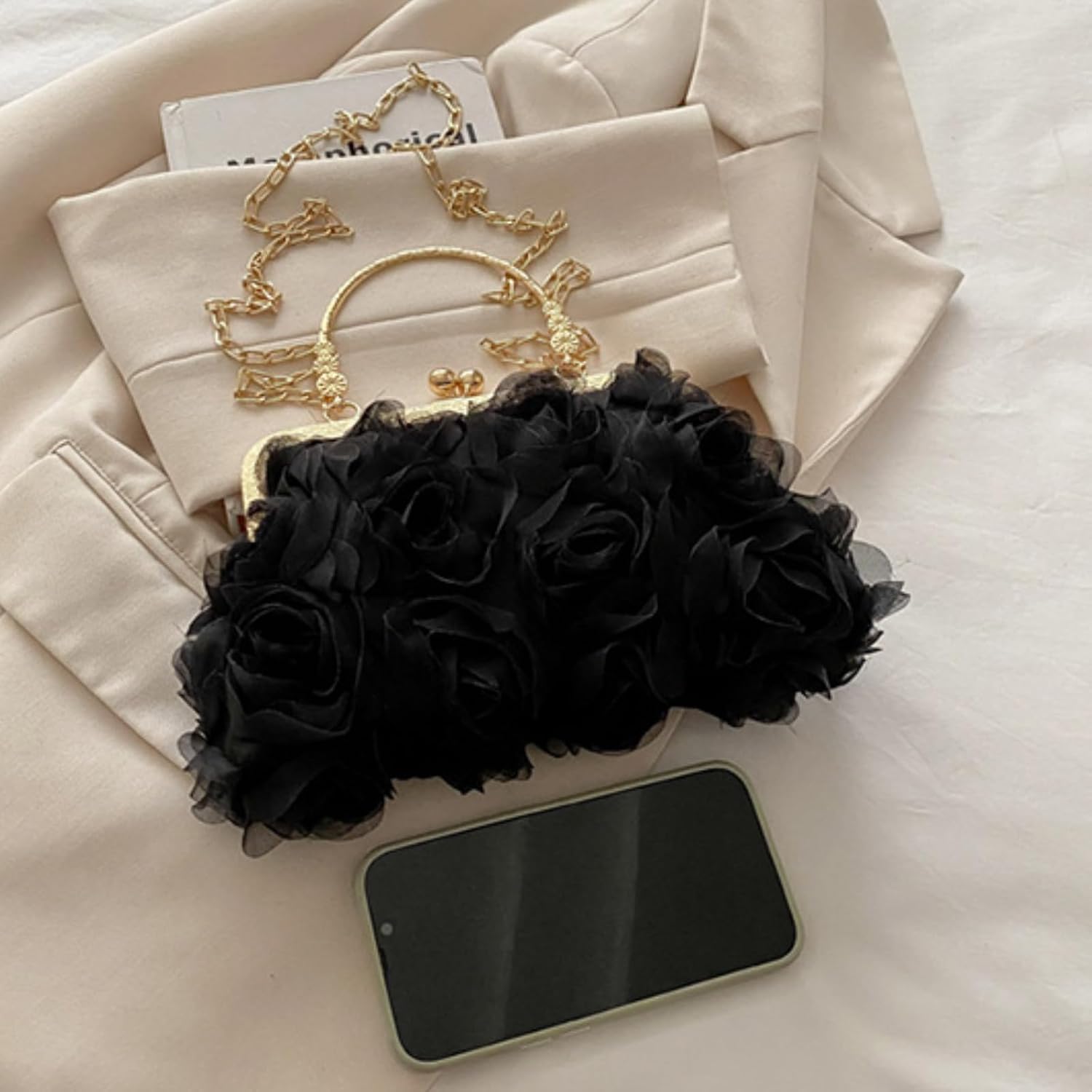 Women's Black Floral Kiss Lock Clutch with Gold Chain