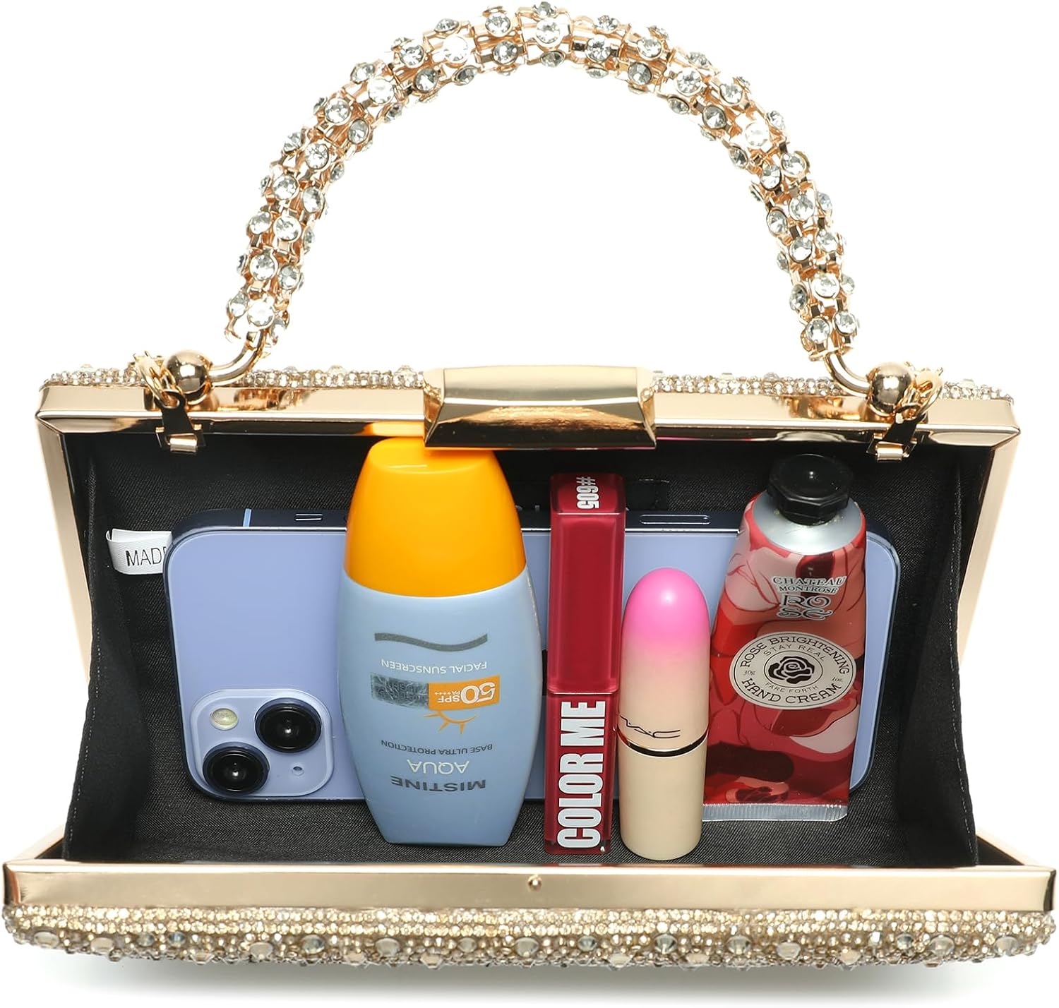 Women's Rhinestone Evening Clutch Crystal Top Handle Purse Gold