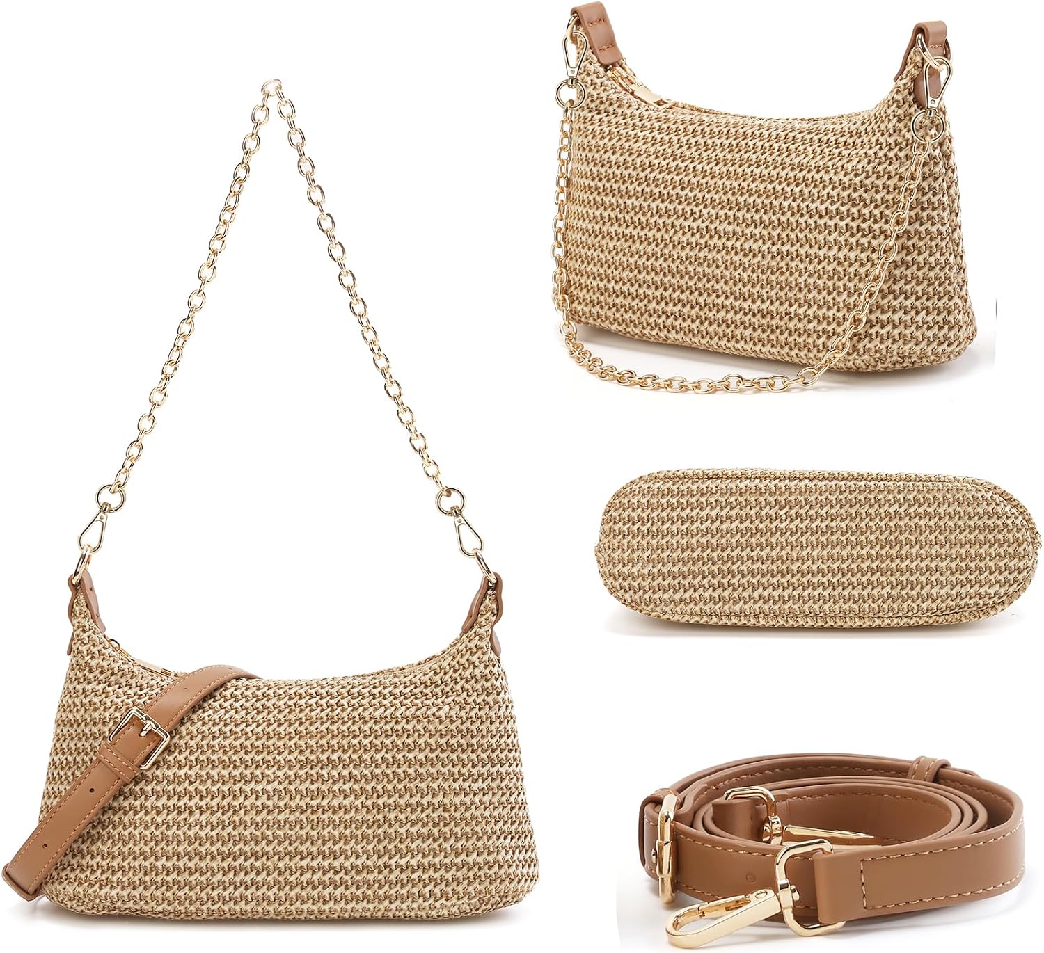 Women's Straw Woven Crossbody Bag with Chain Strap Women's Straw Woven Crossbody Bag with Chain Strap