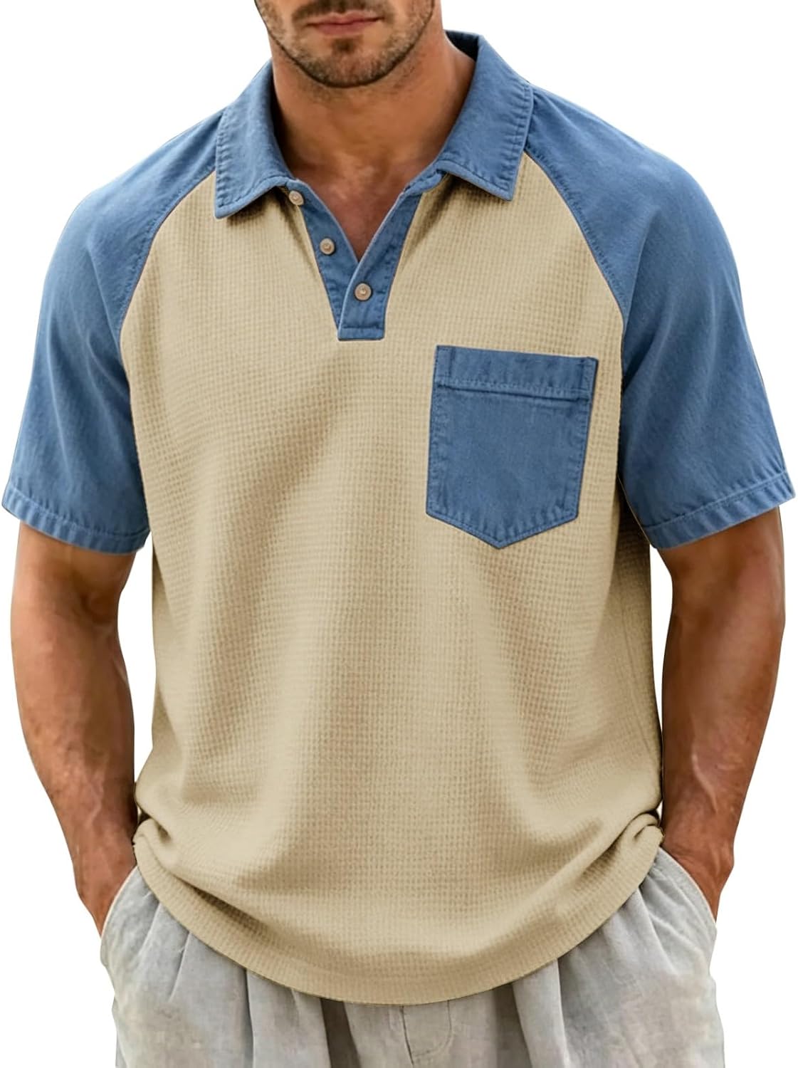 Men's Color Block Denim Polo Shirt Pocket Khaki