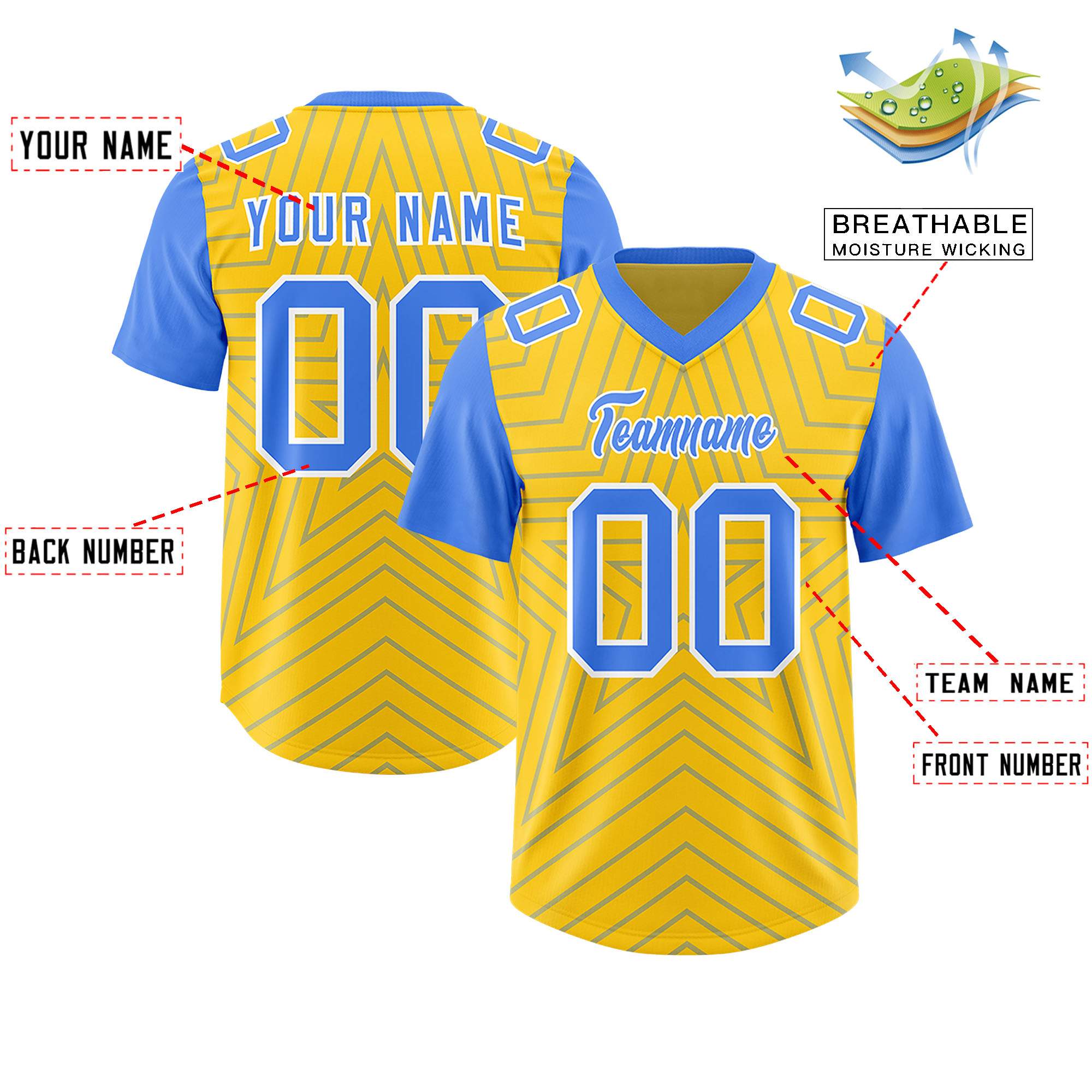 Individuell personalisiertes, authentisches Fußballtrikot mit Raglanärmeln und Sternenmuster