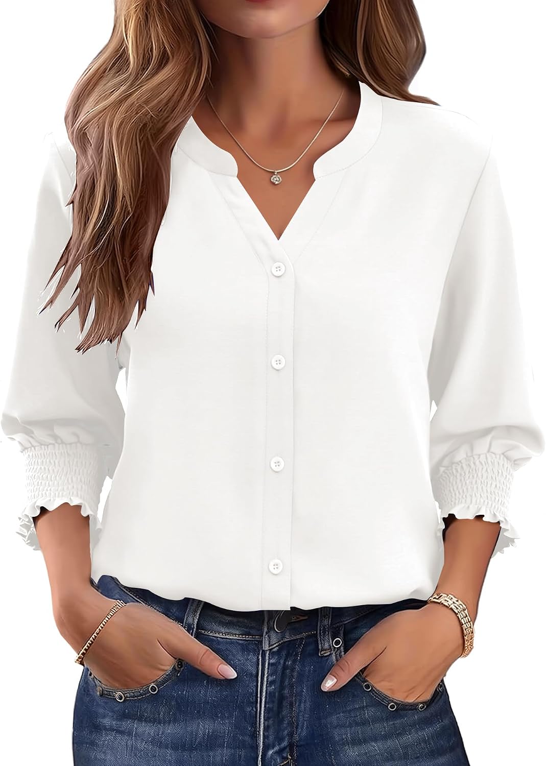 Button Down Shirts for Women 3-Quarter Length Sleeve Business Casual Blouses Summer Tops