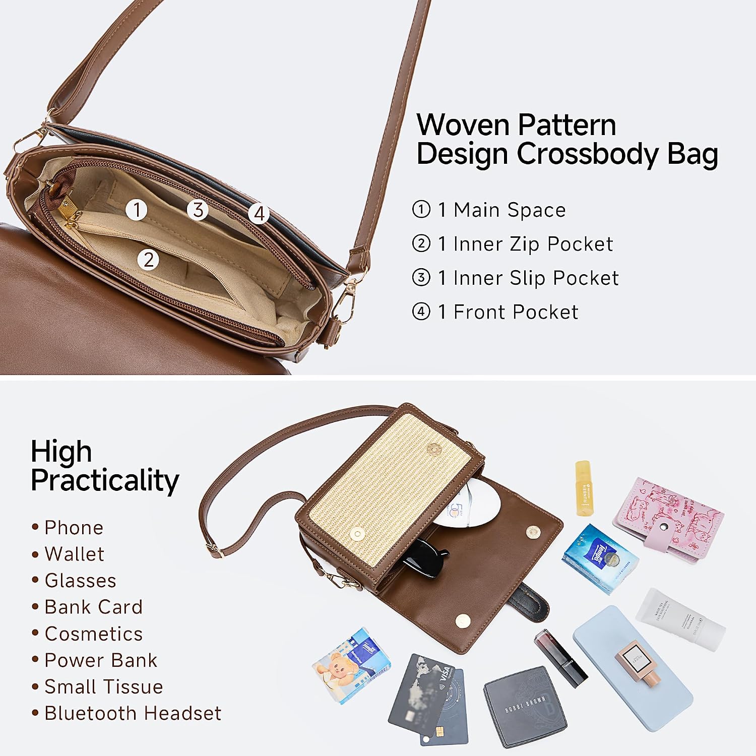 Women's Straw Woven Crossbody Bag with Top Handle Brown