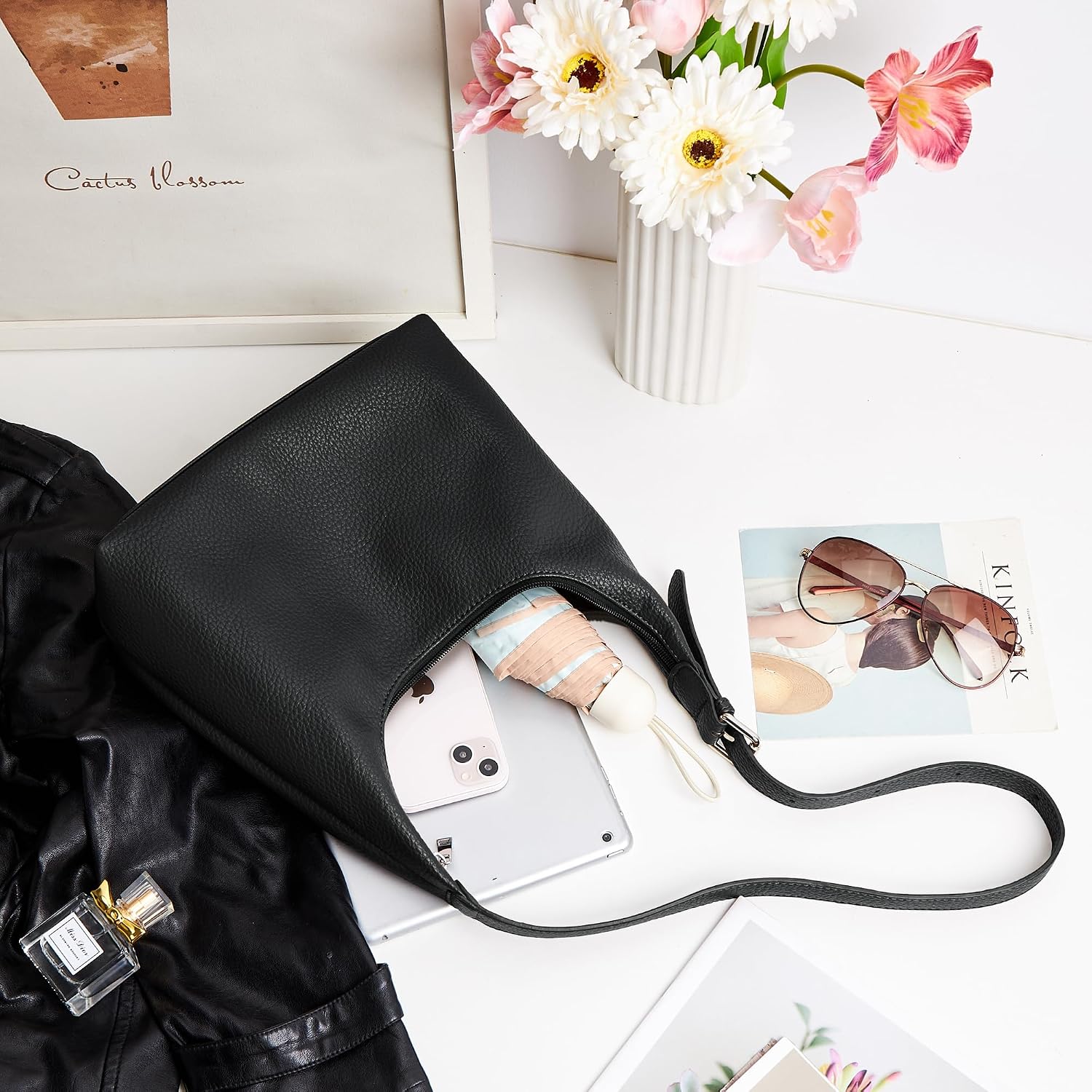 Women's Black Pebbled PU Crescent Shoulder Bag