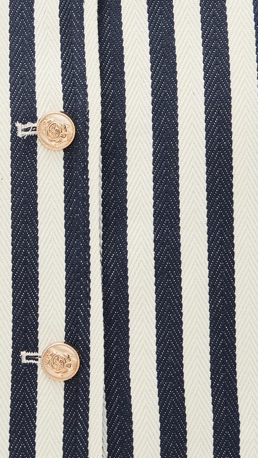 Women's Striped Gold Button Collarless Jacket Navy