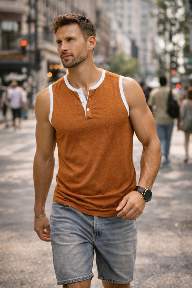 Men's Sleeveless Henley Tank Top Contrast Trim Orange