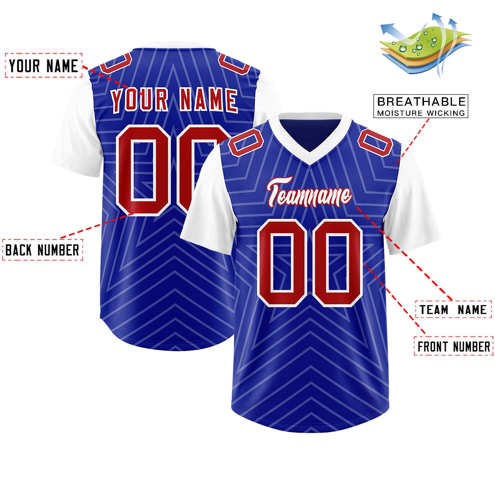Individuell personalisiertes, authentisches Fußballtrikot mit Raglanärmeln und Sternenmuster