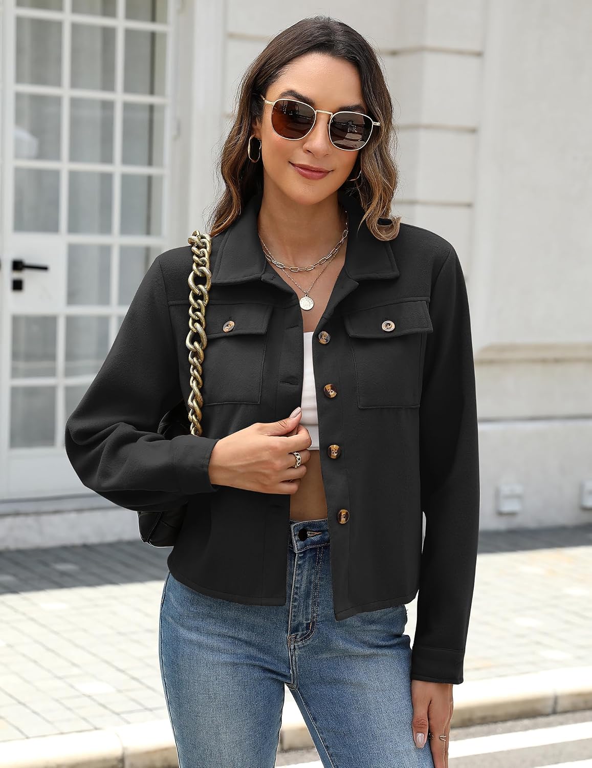 Flannels for Women Cropped Shacket Jacket Fashion Plaid Fall Coat Button down crop outfits winter outwear