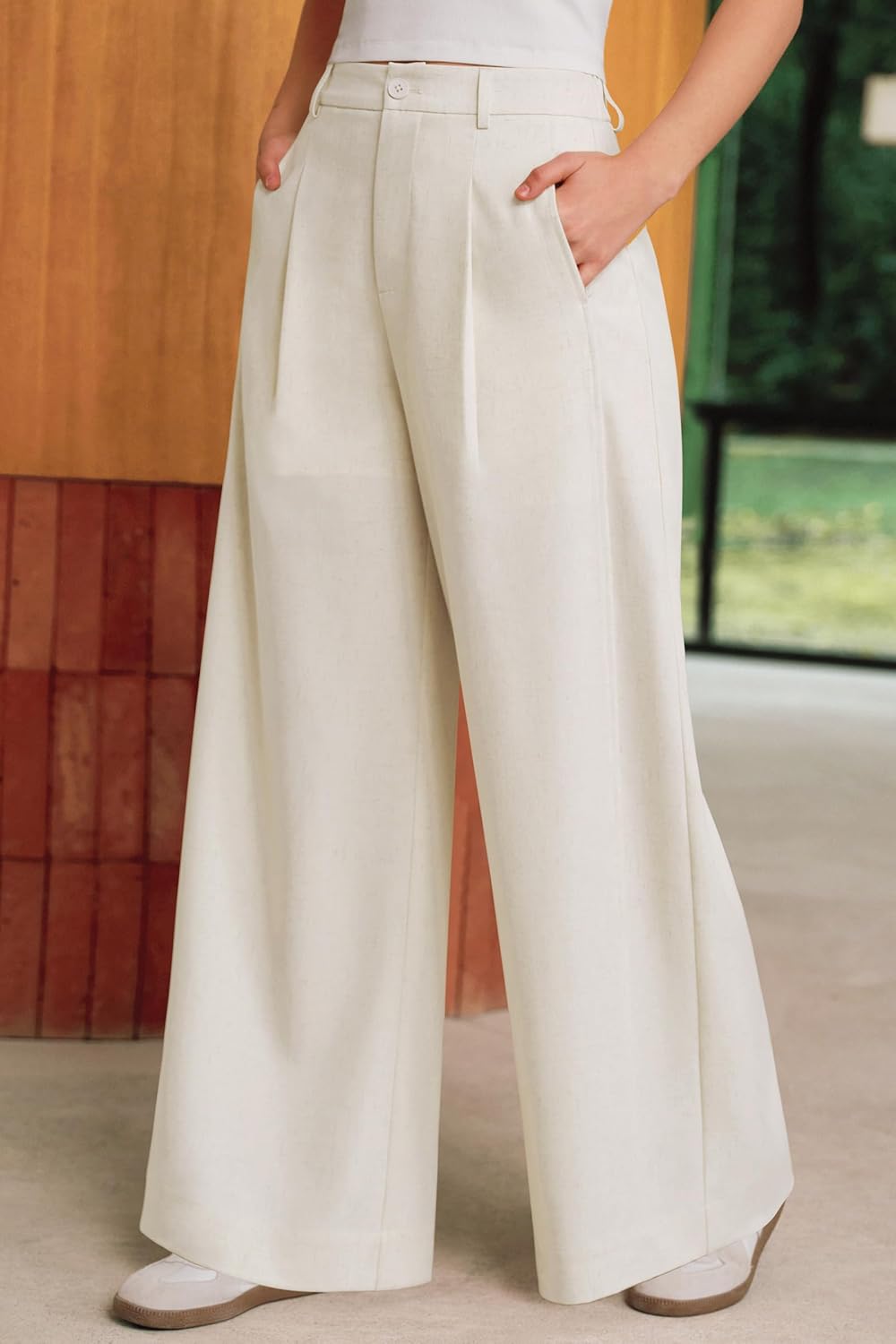 Women's Linen Blend Wide Leg Palazzo Pants All-Season Business Casual Outfits Dress Trousers