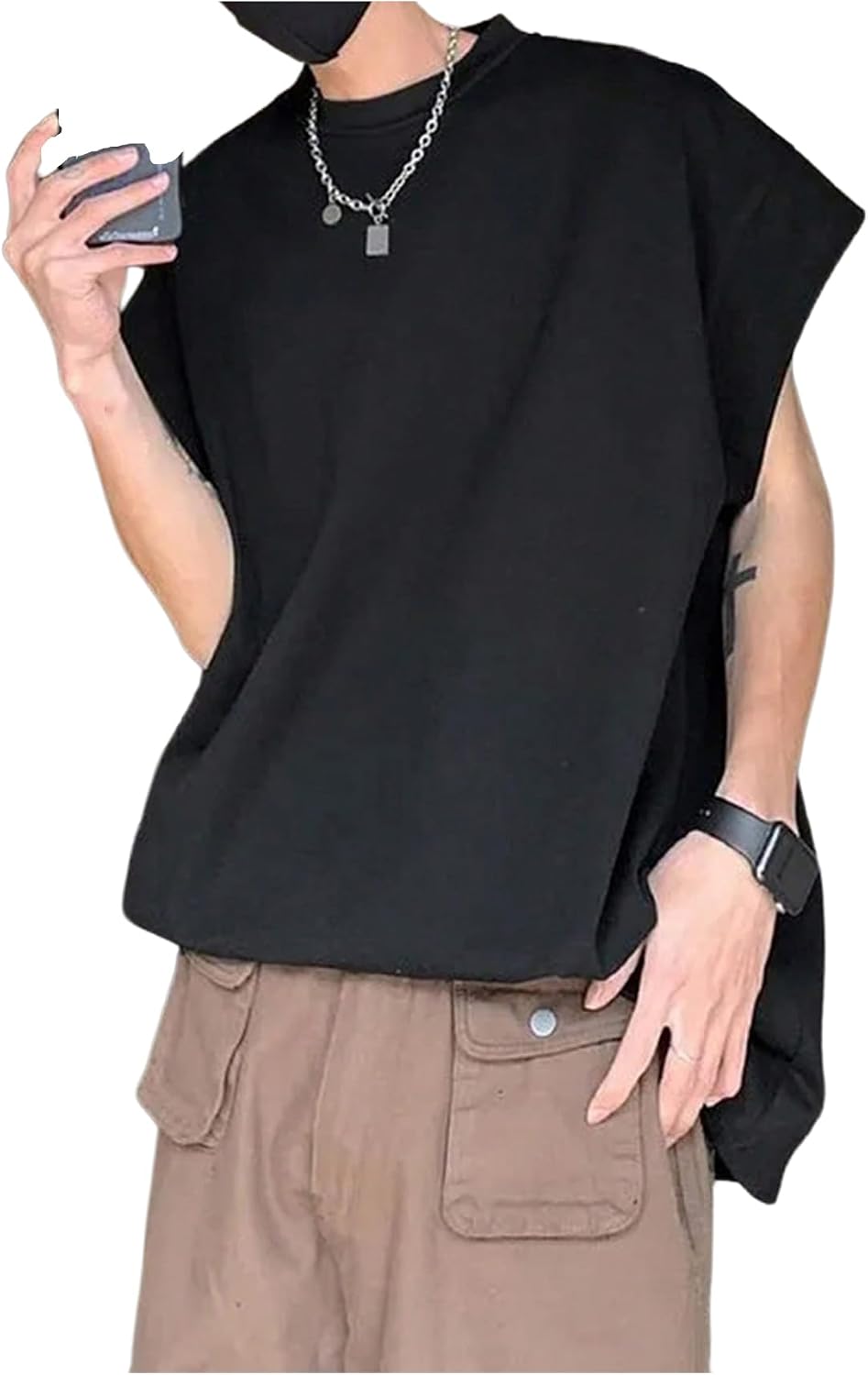 Men's Cap Sleeve Loose Fit Tank Top Black
