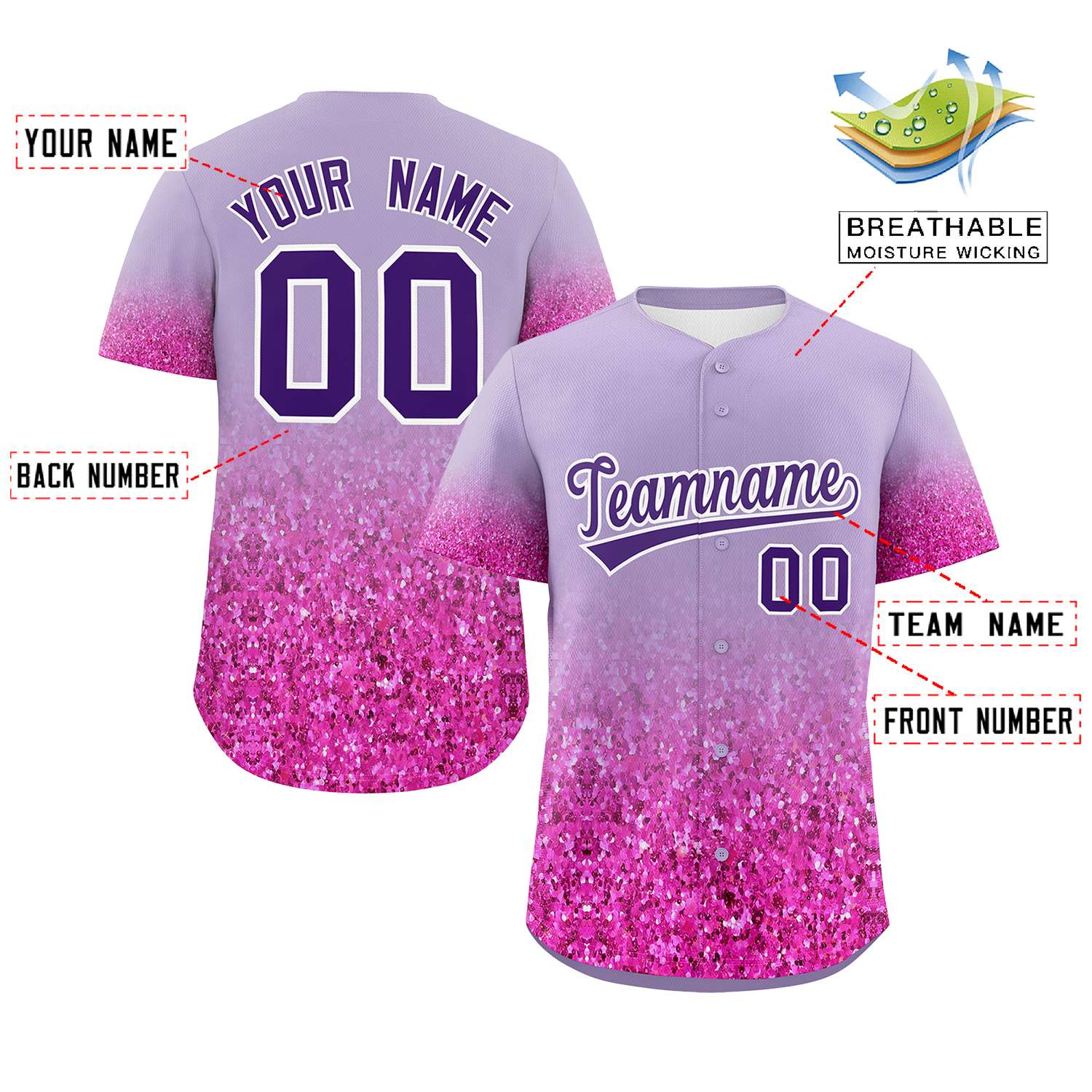 Benutzerdefiniertes, authentisches, modisches, hellviolettes Baseball-Trikot mit glitzerndem Muster und Farbverlauf Benutzerdefiniertes, authentisches, modisches, hellviolettes Baseball-Trikot mit glitzerndem Muster und Farbverlauf