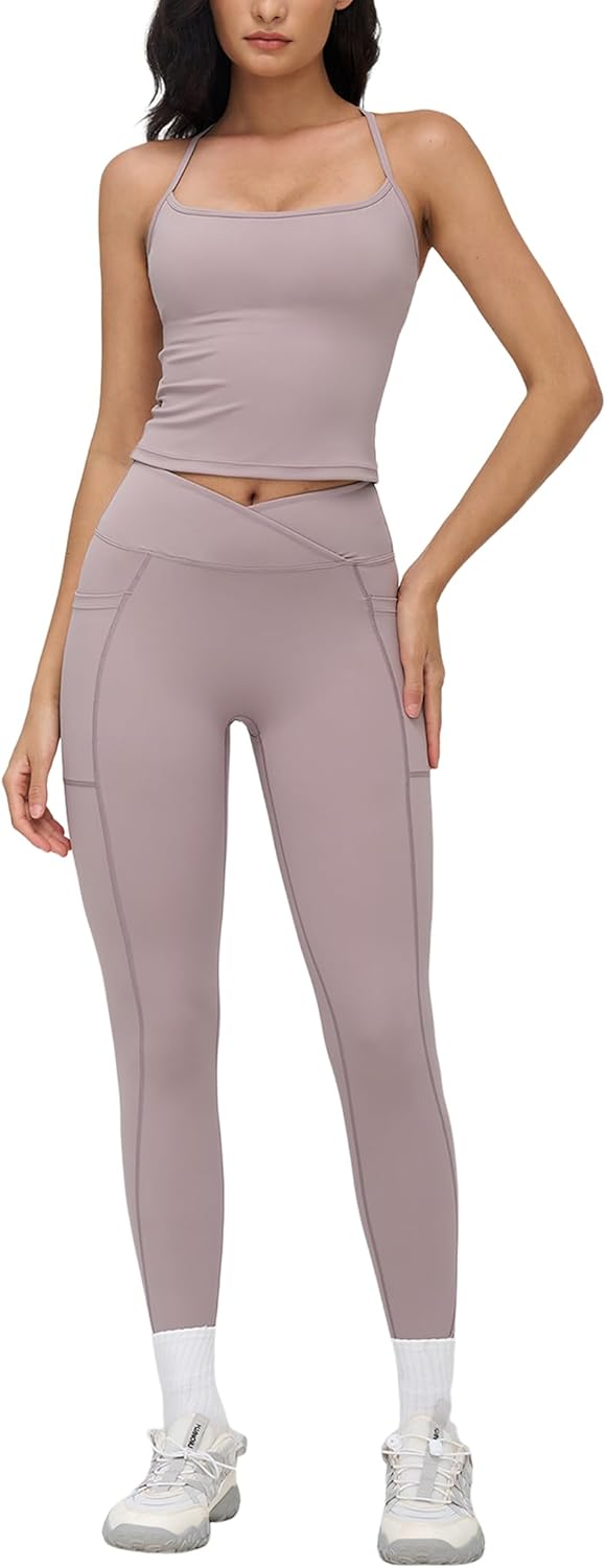 Workout Sets for Women 2 Piece High Waist Yoga Outfits Racerback Tank Leggings Gym Sets with Pockets