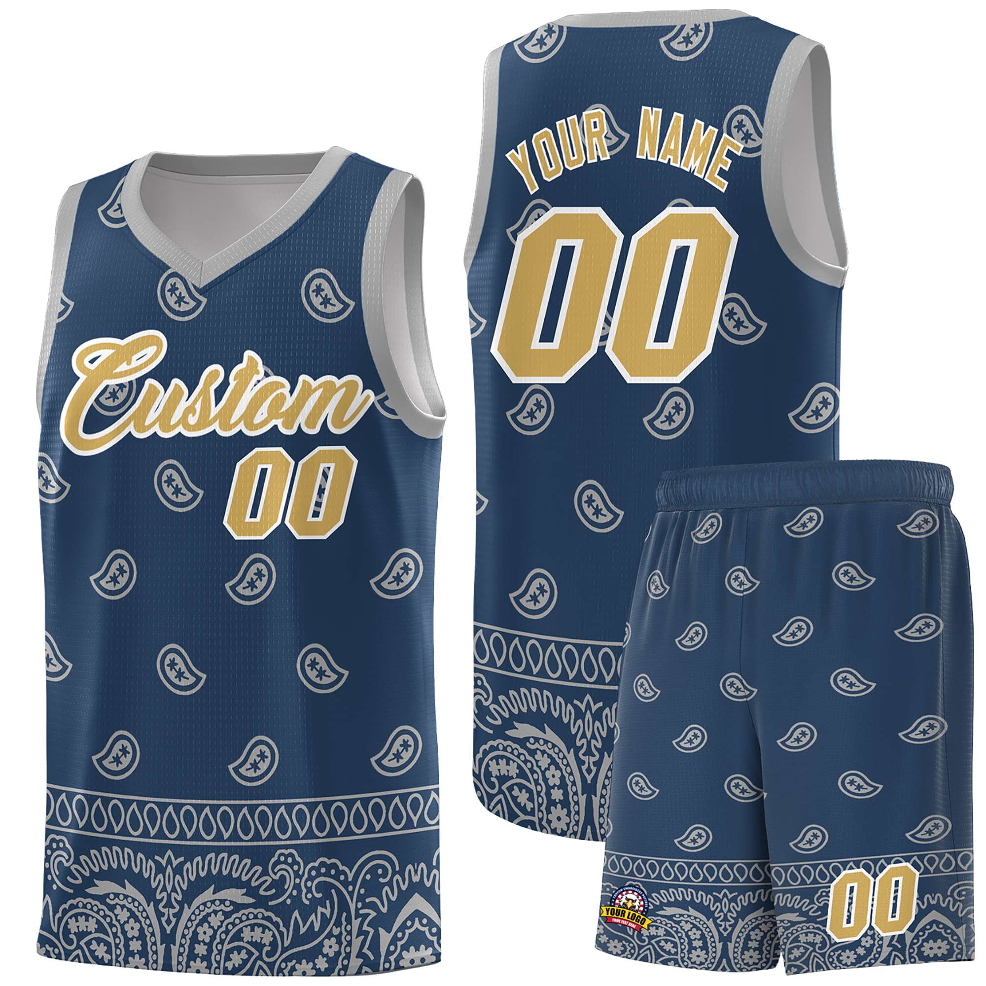 Benutzerdefiniertes Mitternachtsblau-Grau-personalisiertes Cashew-Muster-Sportuniform-Basketballtrikot
