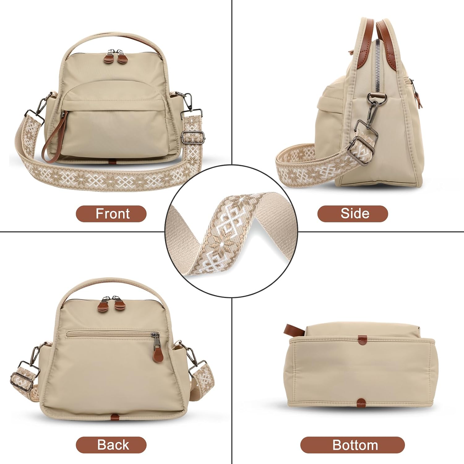 Women's Water-Resistant Nylon Top-Handle Crossbody Bag, Beige Women's Water-Resistant Nylon Top-Handle Crossbody Bag, Beige