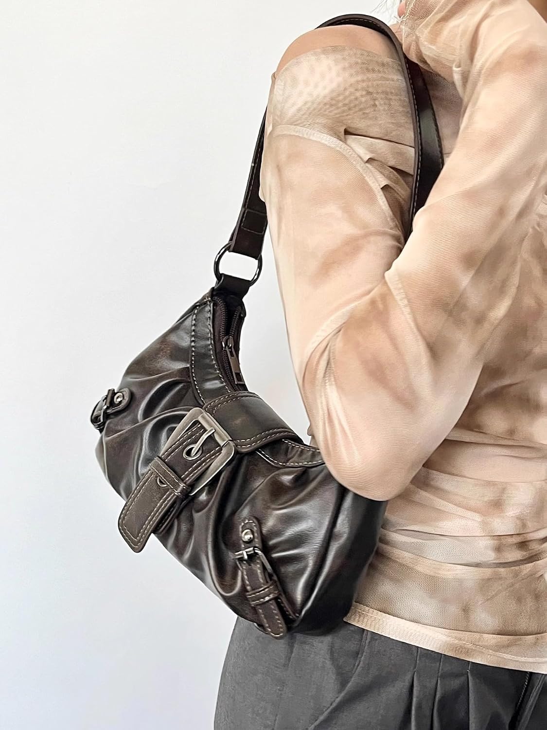 Women's Slouchy PU Leather Hobo Bag with Buckle Brown Women's Slouchy PU Leather Hobo Bag with Buckle Brown